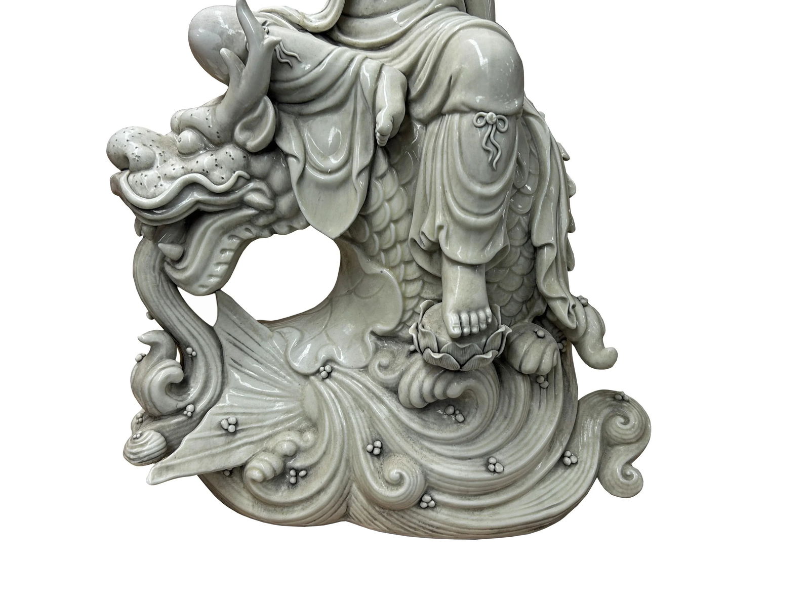 Chinese Handcrafted GuanYin Bodhisattva on Dragon White Porcelain Statue - 9