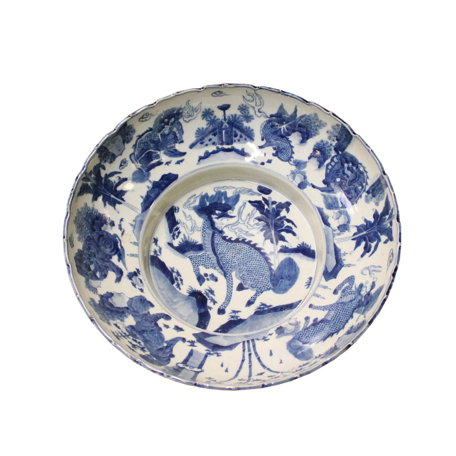 Chinese Blue White Round Porcelain Kirin Graphic Bowl Deep Plate - 6
