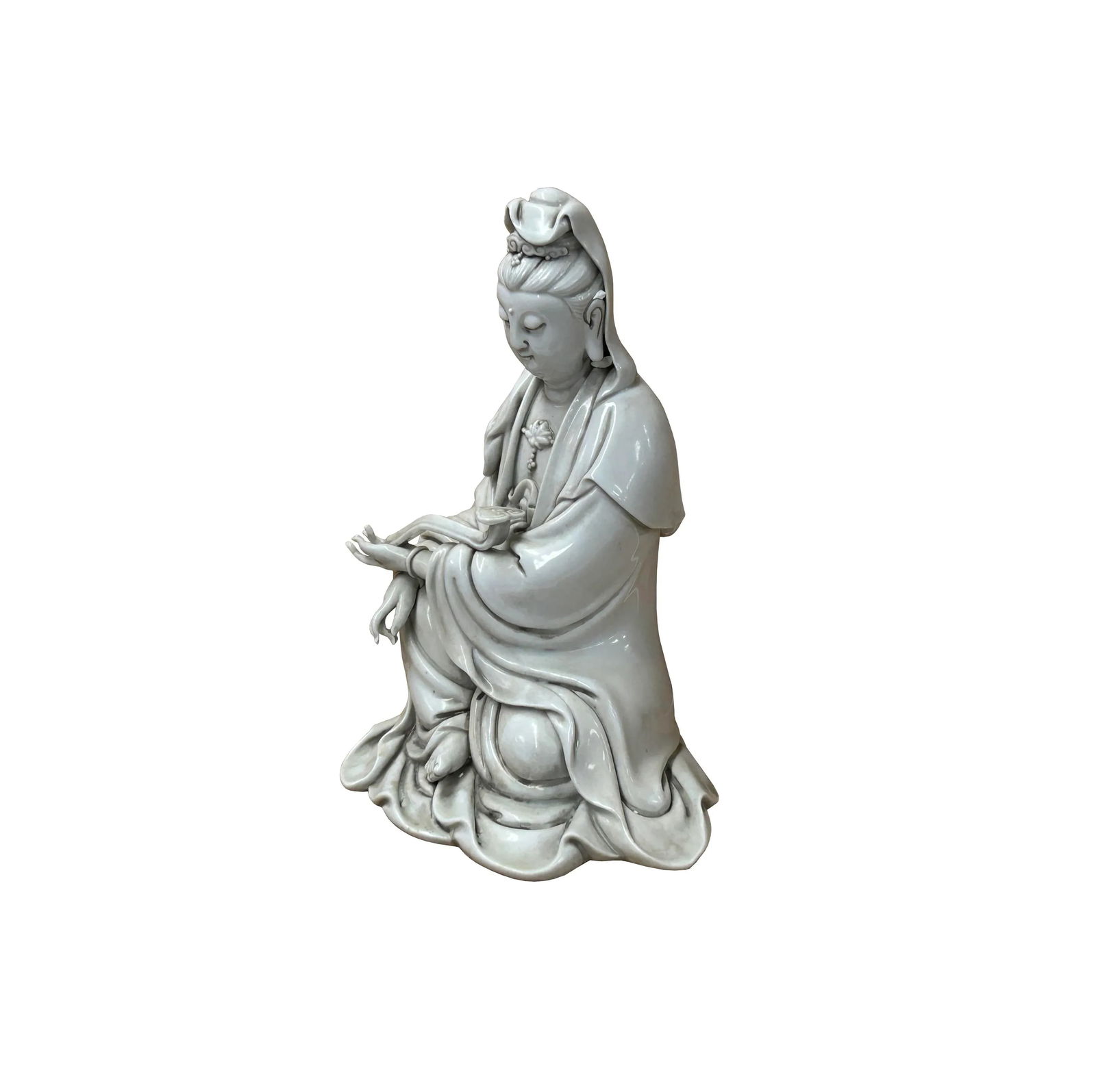 Chinese Handcrafted GuanYin Bodhisattva Holding RuYi Off White Porcelain Statue - 3