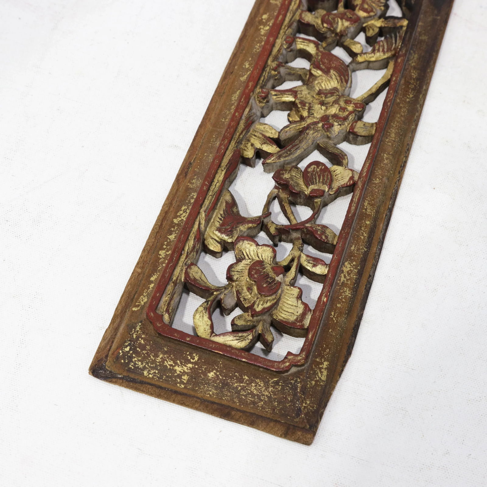 Antique Chinese Gilt and Red Lacquer Hand-Carved Wood Panel With Animal and Floral Motifs - 12
