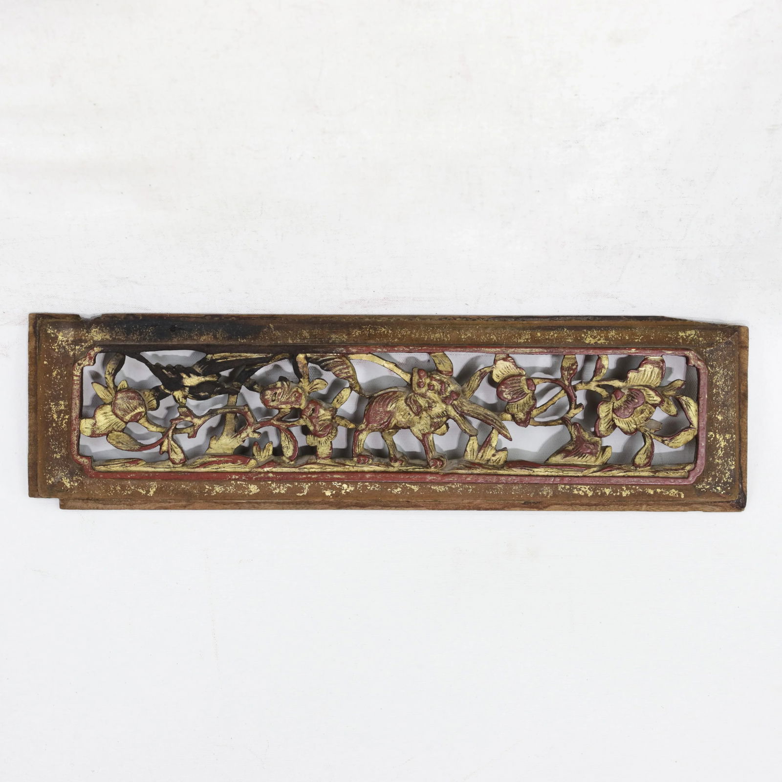 Antique Chinese Gilt and Red Lacquer Hand-Carved Wood Panel With Animal and Floral Motifs - 13