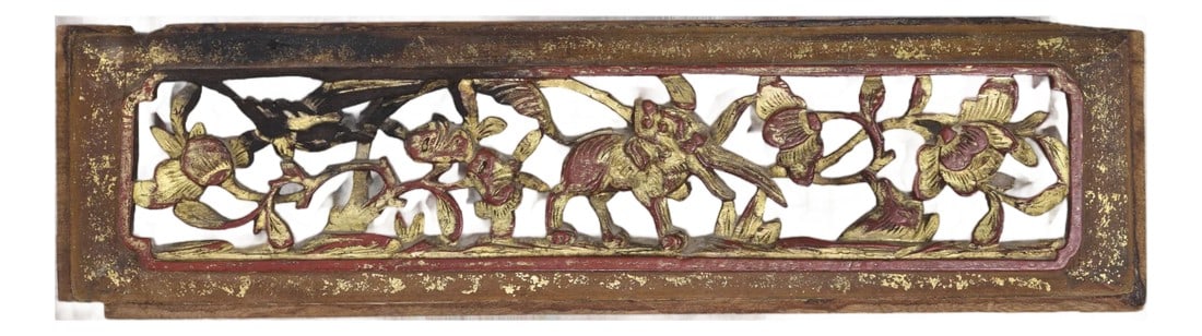Antique Chinese Gilt and Red Lacquer Hand-Carved Wood Panel With Animal and Floral Motifs (1 of 13)