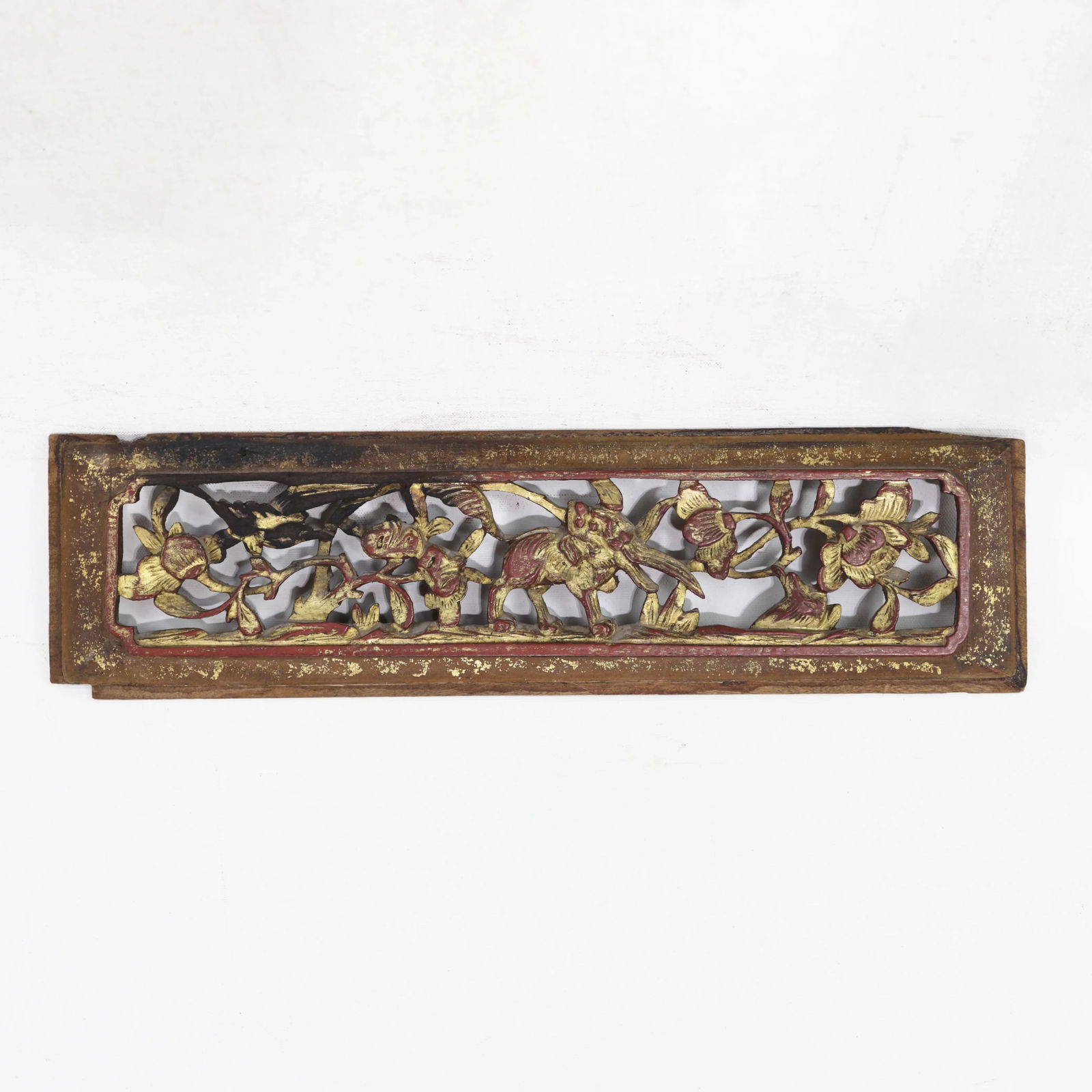 Antique Chinese Gilt and Red Lacquer Hand-Carved Wood Panel With Animal and Floral Motifs - 2