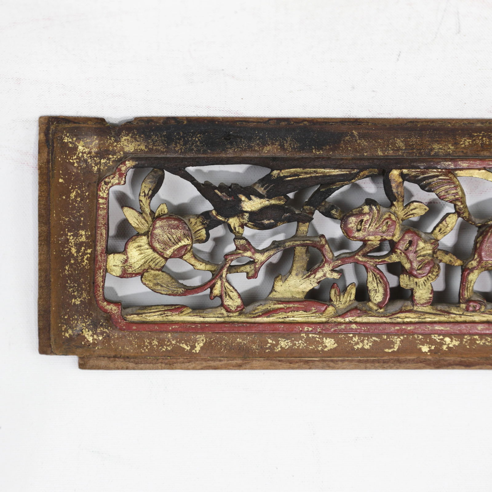 Antique Chinese Gilt and Red Lacquer Hand-Carved Wood Panel With Animal and Floral Motifs - 3