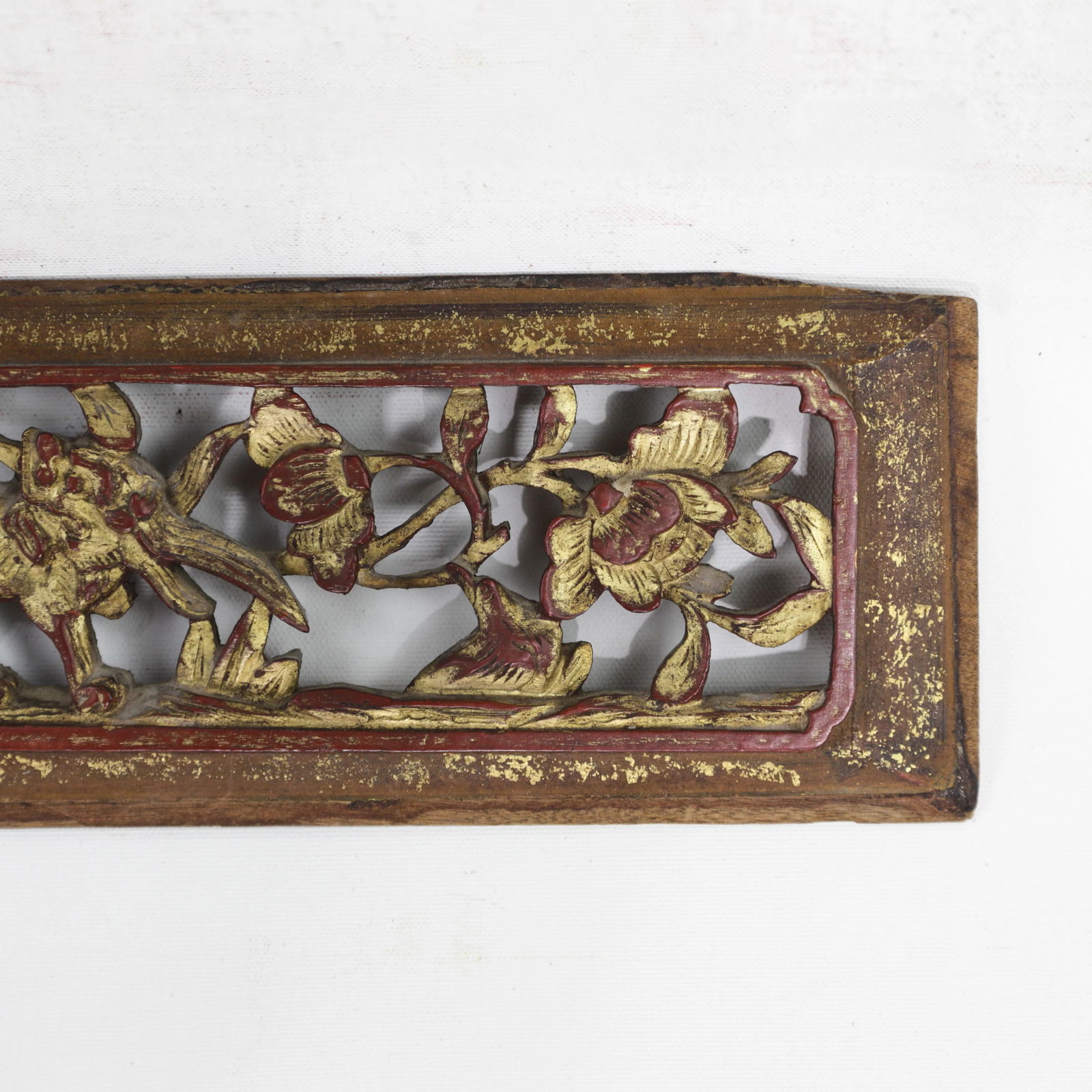 Antique Chinese Gilt and Red Lacquer Hand-Carved Wood Panel With Animal and Floral Motifs - 5