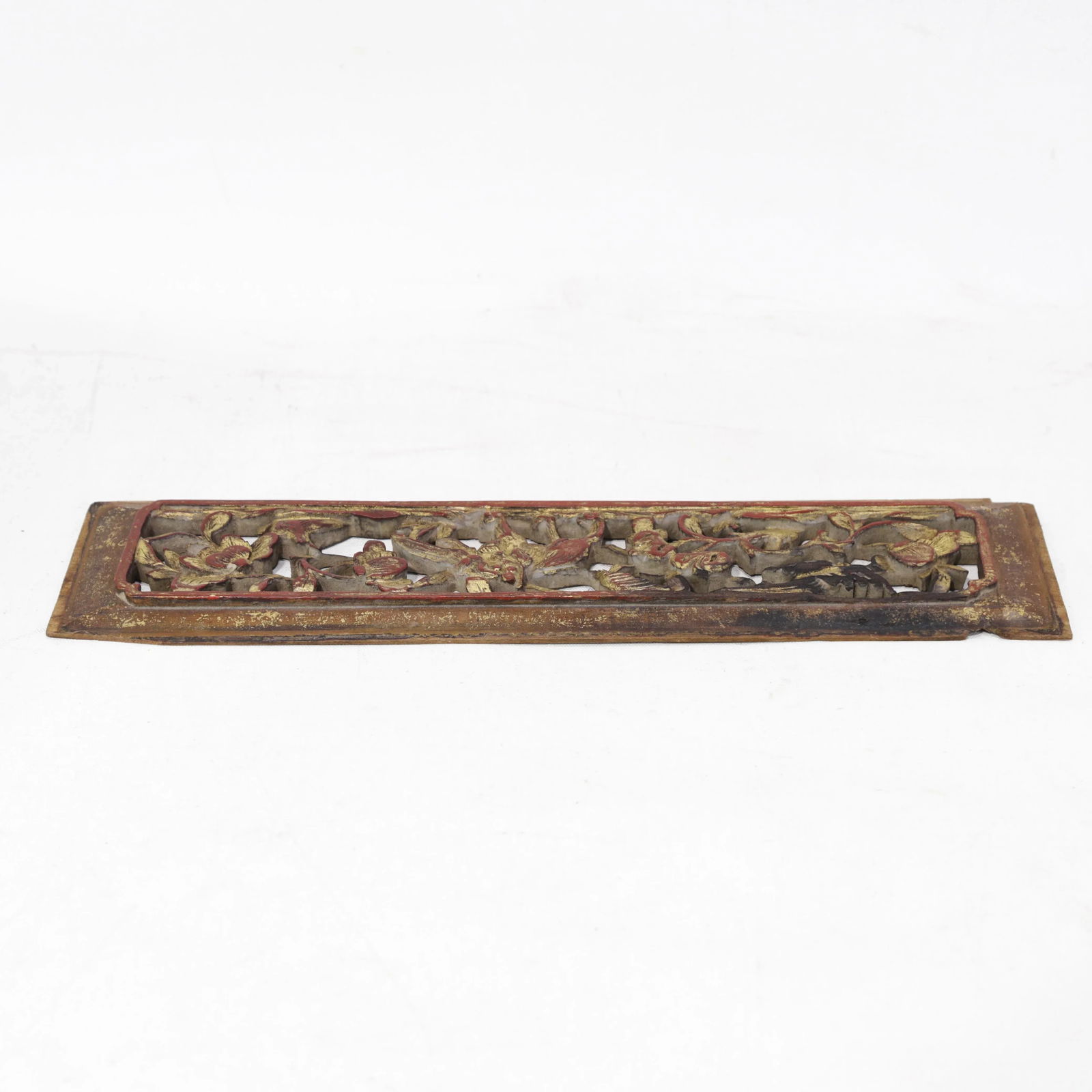 Antique Chinese Gilt and Red Lacquer Hand-Carved Wood Panel With Animal and Floral Motifs - 6