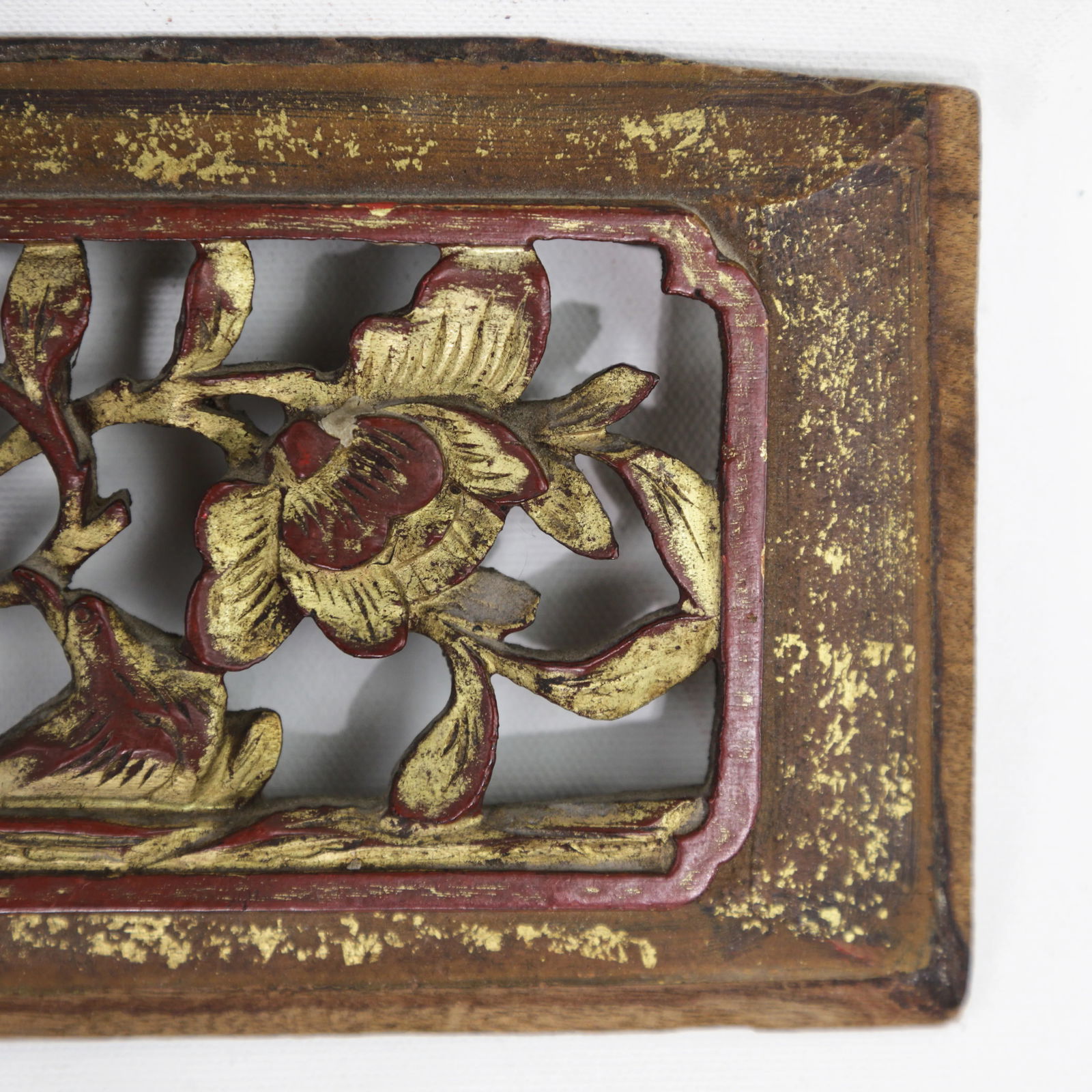 Antique Chinese Gilt and Red Lacquer Hand-Carved Wood Panel With Animal and Floral Motifs - 7