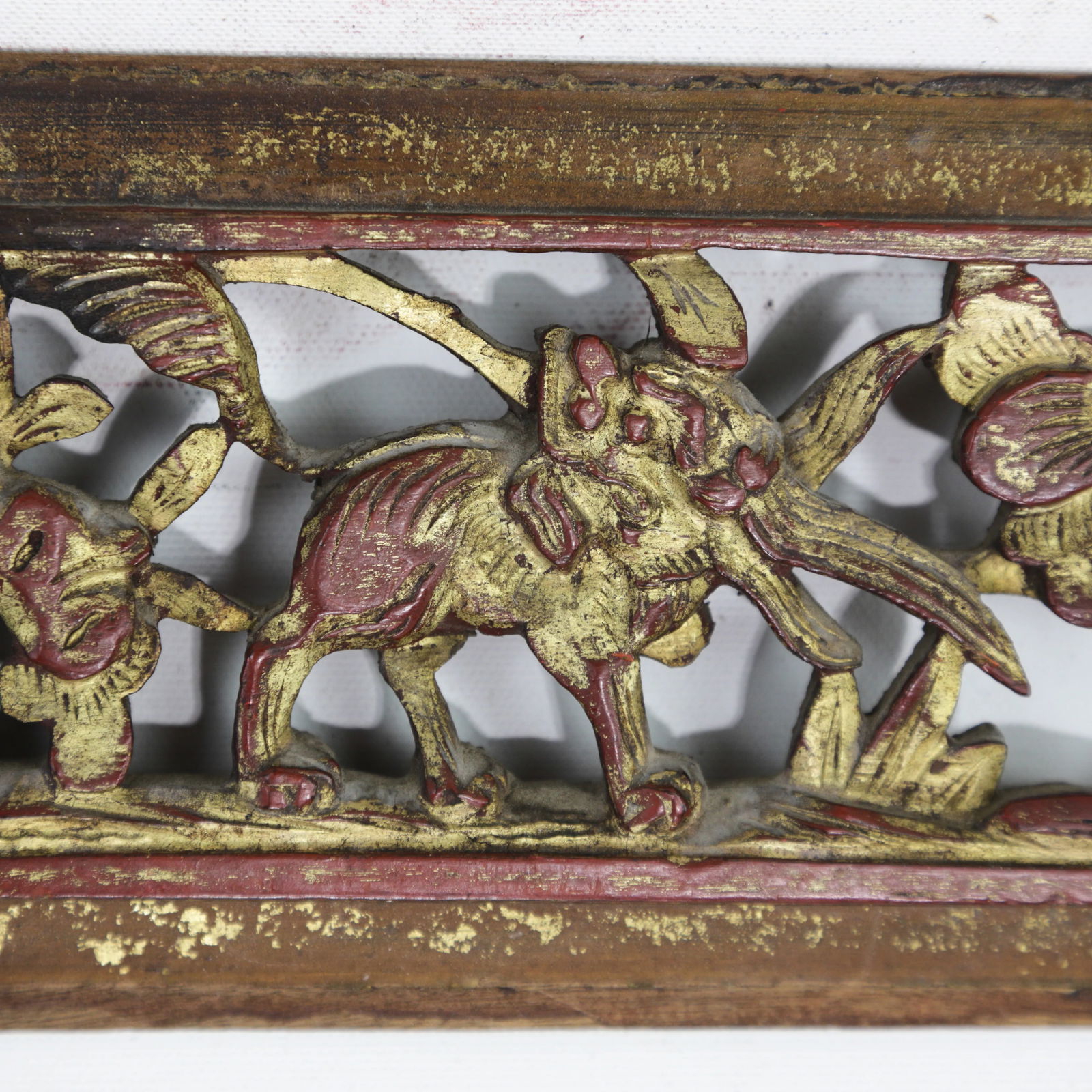 Antique Chinese Gilt and Red Lacquer Hand-Carved Wood Panel With Animal and Floral Motifs - 8