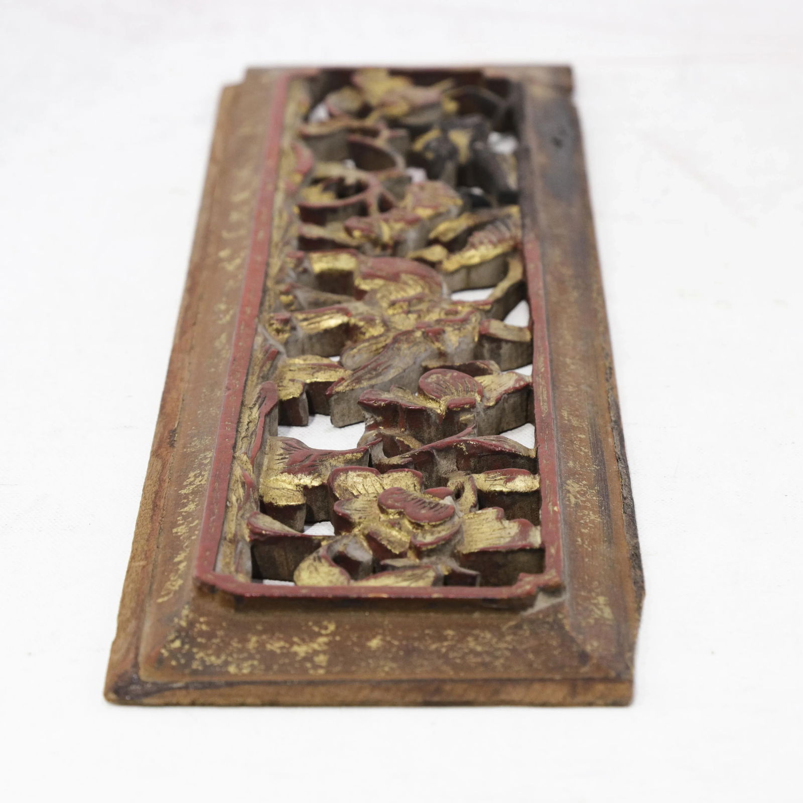 Antique Chinese Gilt and Red Lacquer Hand-Carved Wood Panel With Animal and Floral Motifs - 9
