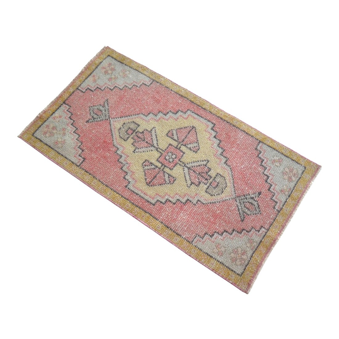 Vintage Hand Made Mat Small Turkish Rug - 1"²9"³ Ã— 3"²3"³: Authentic hand-knotted accent mat in soft sun-faded coral and pale yellow tones â€” perfect for entryways or bedside spaces. Vintage Turkish Hand-Knotted Small Rug from Central