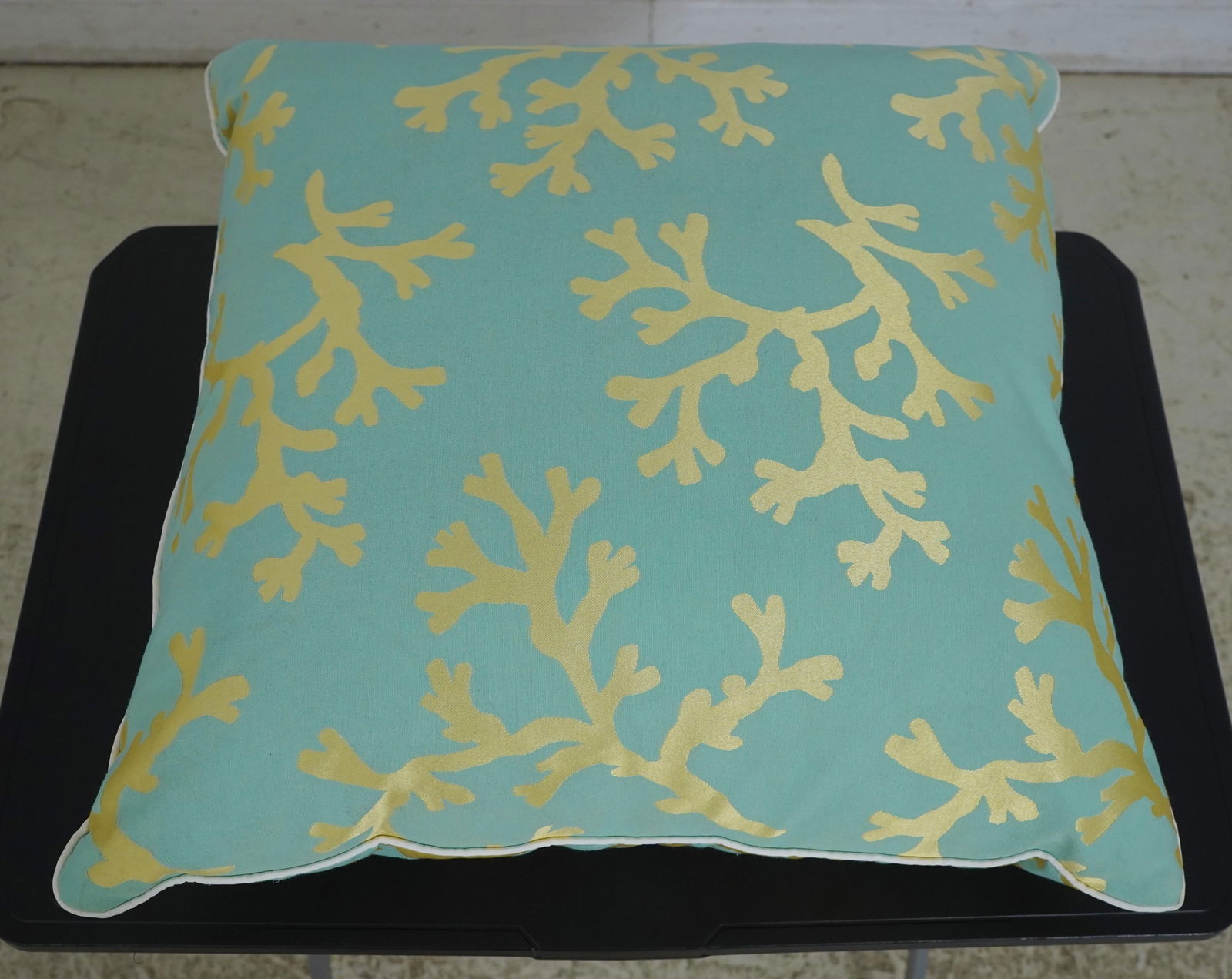 Square Throw Pillow Coral Pattern Gold & Green/Blue Fabric - 2