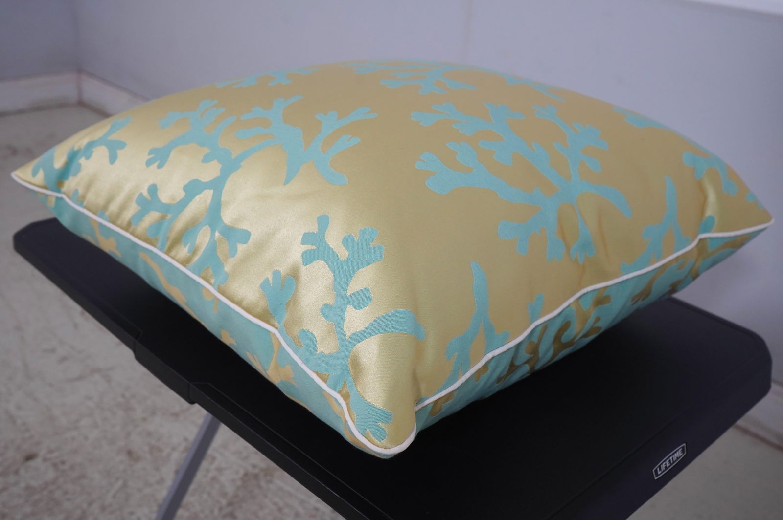 Square Throw Pillow Coral Pattern Gold & Green/Blue Fabric - 4