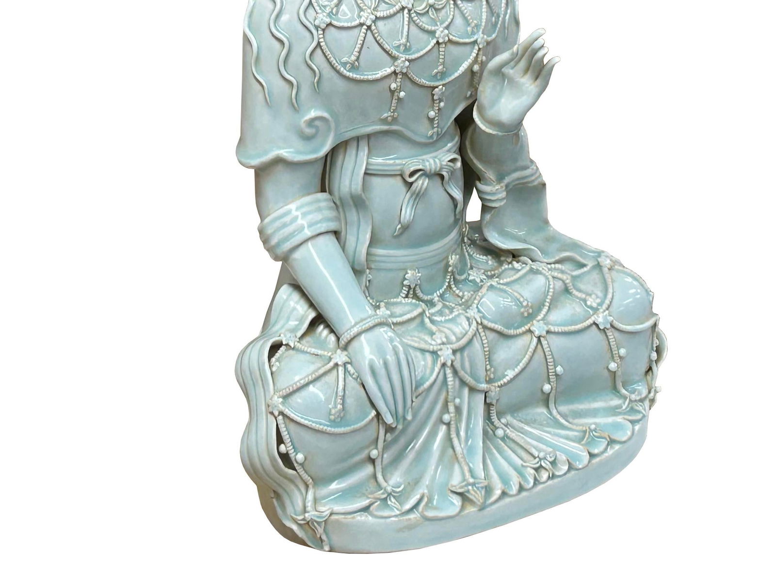 Pale Celadon White GuanYin Bodhisattva Tong Style Porcelain Statue - 10