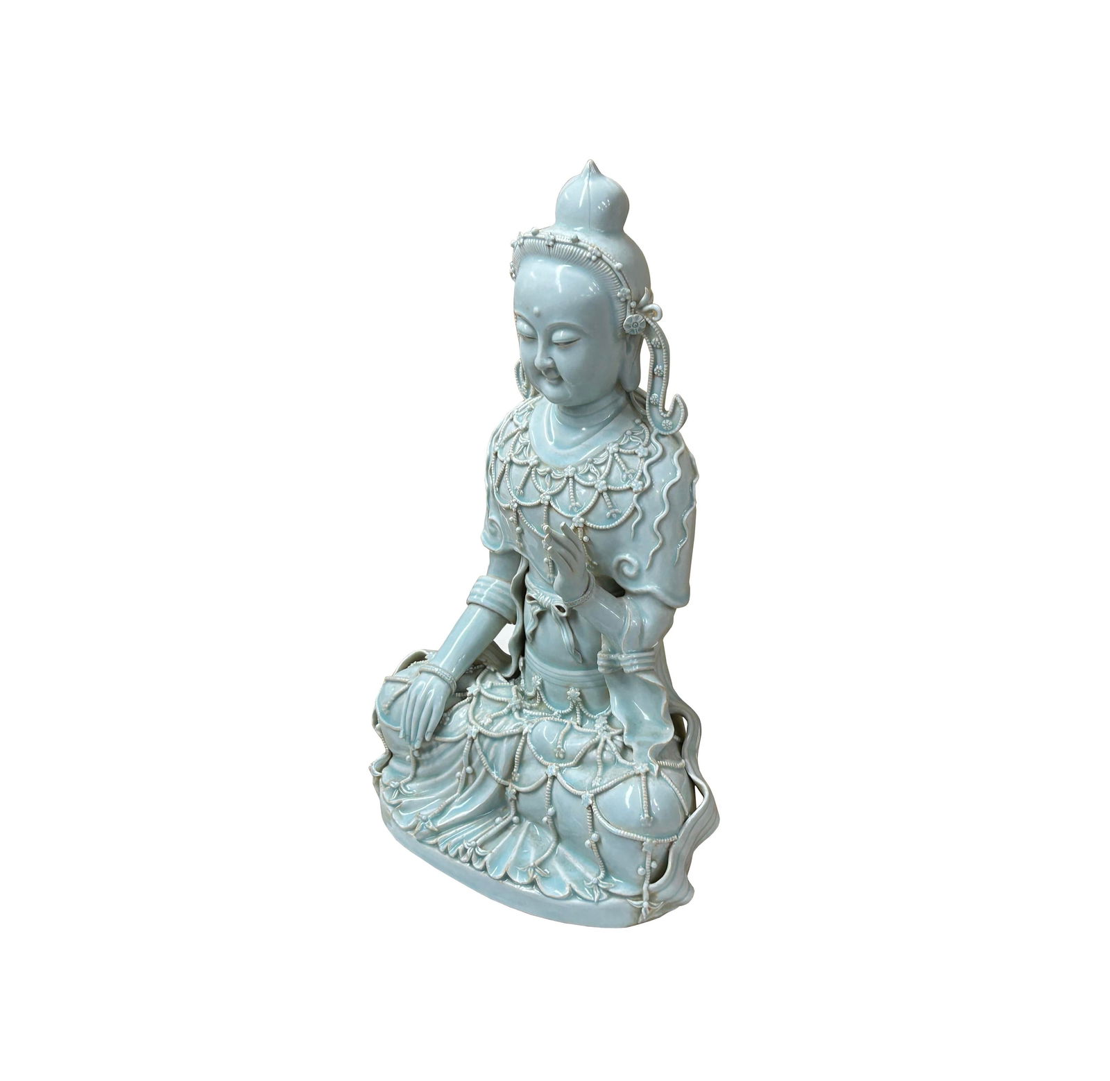 Pale Celadon White GuanYin Bodhisattva Tong Style Porcelain Statue - 4