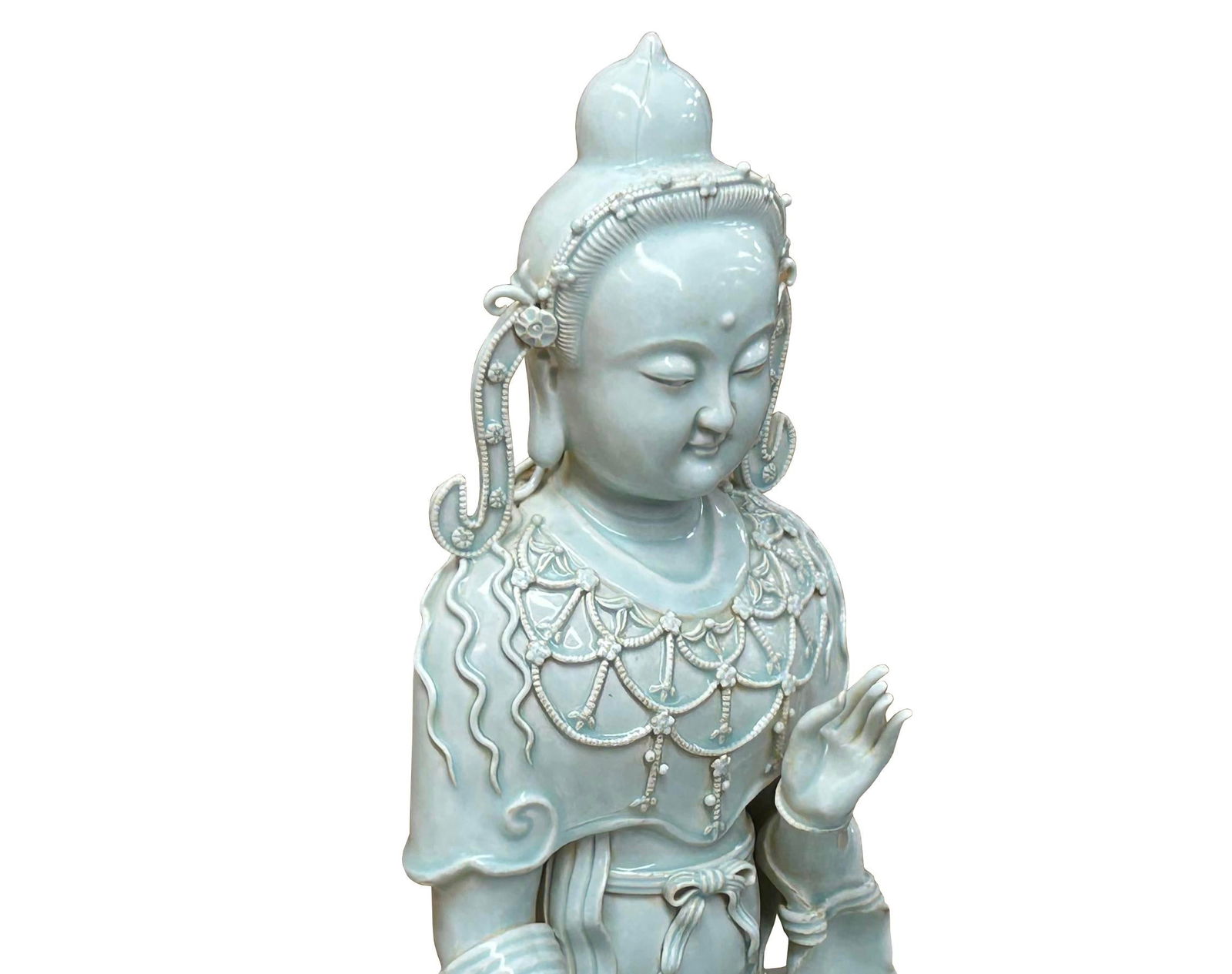 Pale Celadon White GuanYin Bodhisattva Tong Style Porcelain Statue - 7