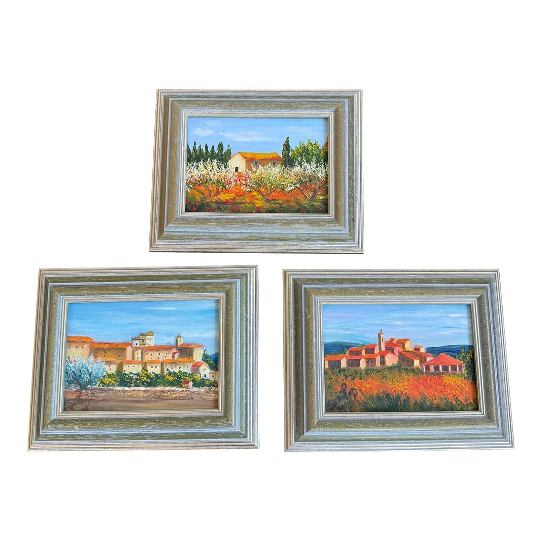 Set of 3 Tuscan Landscapes: Vibrant Tuscan landscapes framed in distressed silver-toned frames. Attractive displayed together or standing alone. 10"W x 1.25"D x 8"H canvases: 6.5"W x 4.75"H Condition: Alterations: Original