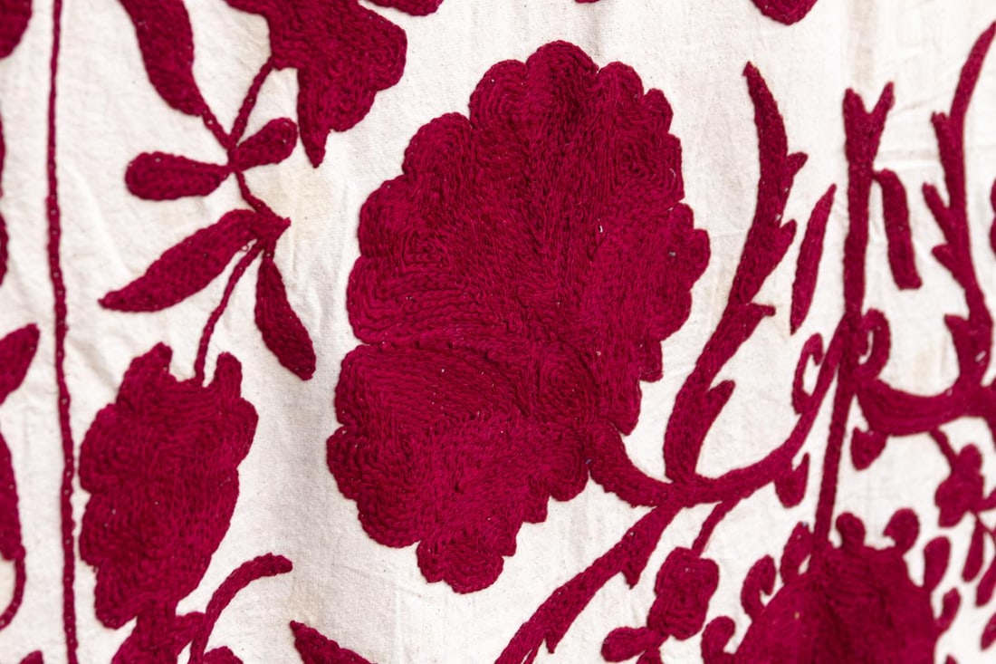 Deep Raspberry Red Hand-Embroidered Suzani Throw - 2