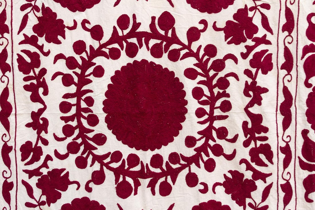 Deep Raspberry Red Hand-Embroidered Suzani Throw - 3