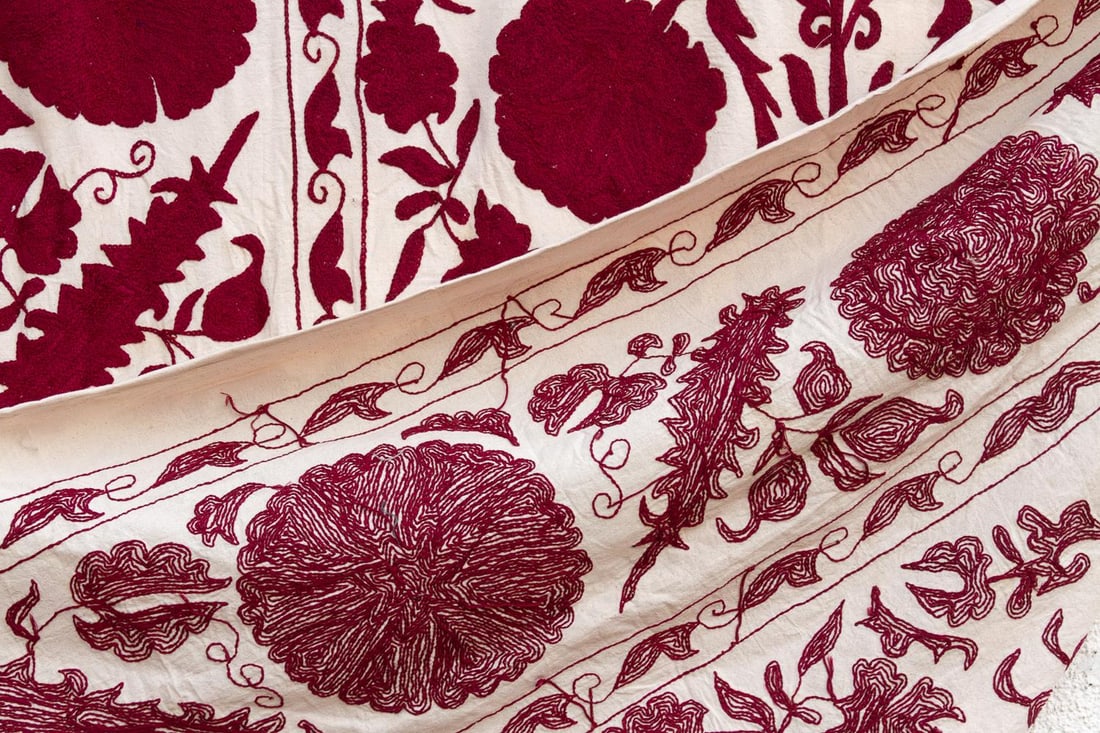 Deep Raspberry Red Hand-Embroidered Suzani Throw - 5