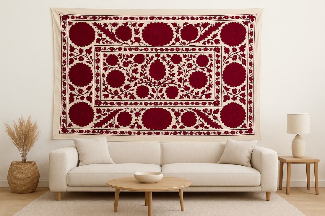 Deep Raspberry Red Hand-Embroidered Suzani Throw - 7
