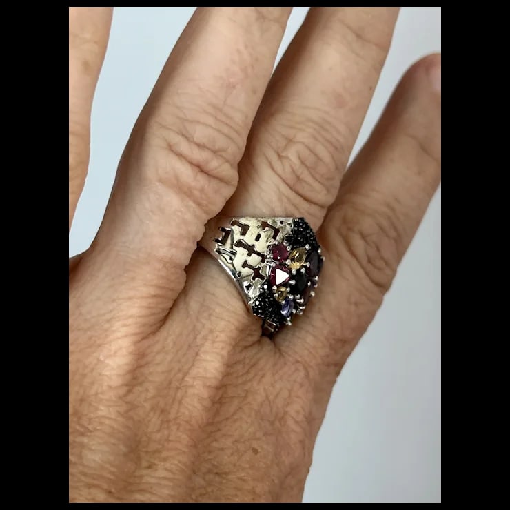 Sterling Multi-Color Gemstone Ring, Size 9 - 5