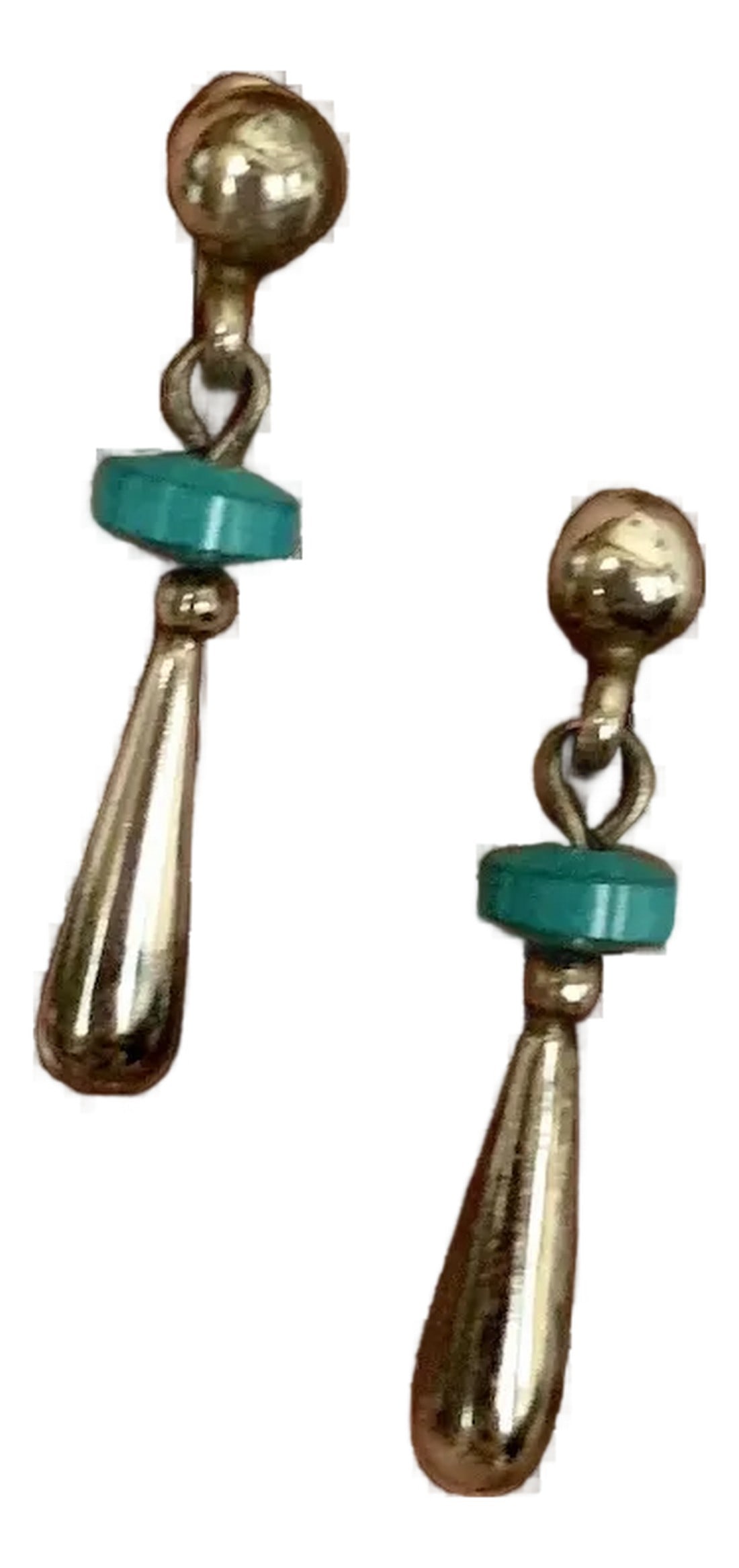 1970s Sterling and Turquoise Drop Earrings, A Pair: Sterling silver screw back earrings from Mexico circa 1970. Feature a unique turquoise disk with a suspended sterling teardrop shape. Would be easy to convert these lovely earrings to pierced.