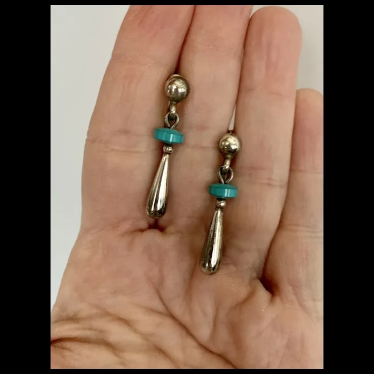 1970s Sterling and Turquoise Drop Earrings, A Pair - 2