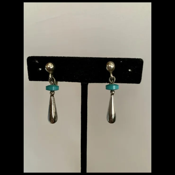 1970s Sterling and Turquoise Drop Earrings, A Pair - 5