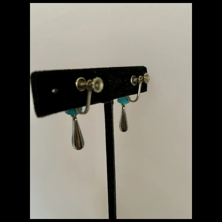 1970s Sterling and Turquoise Drop Earrings, A Pair - 6