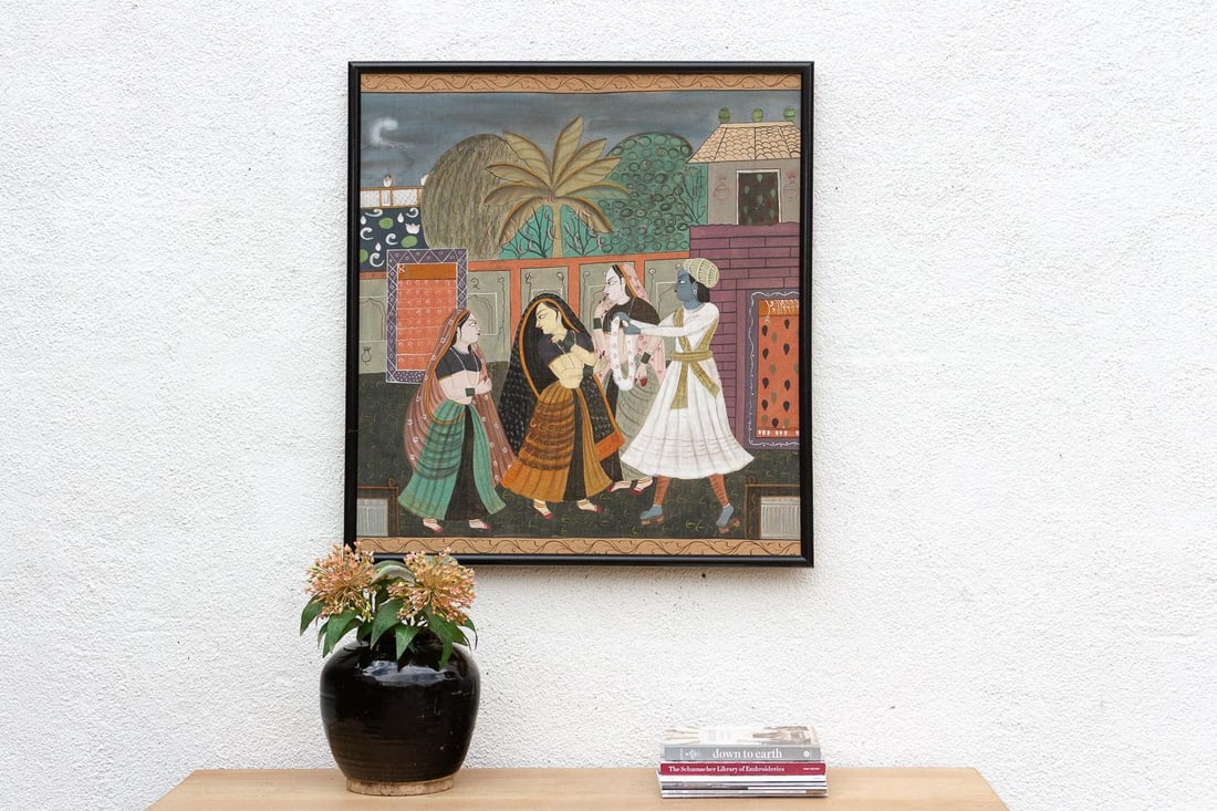 Framed Vintage Indian Night Scene Painting - 6