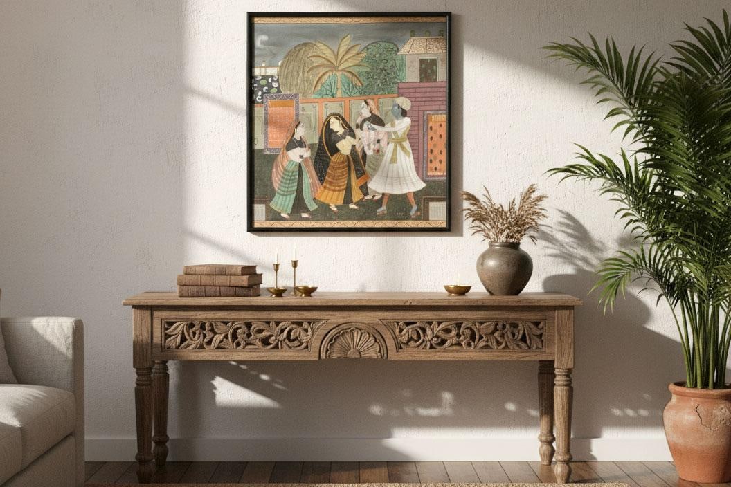 Framed Vintage Indian Night Scene Painting - 7