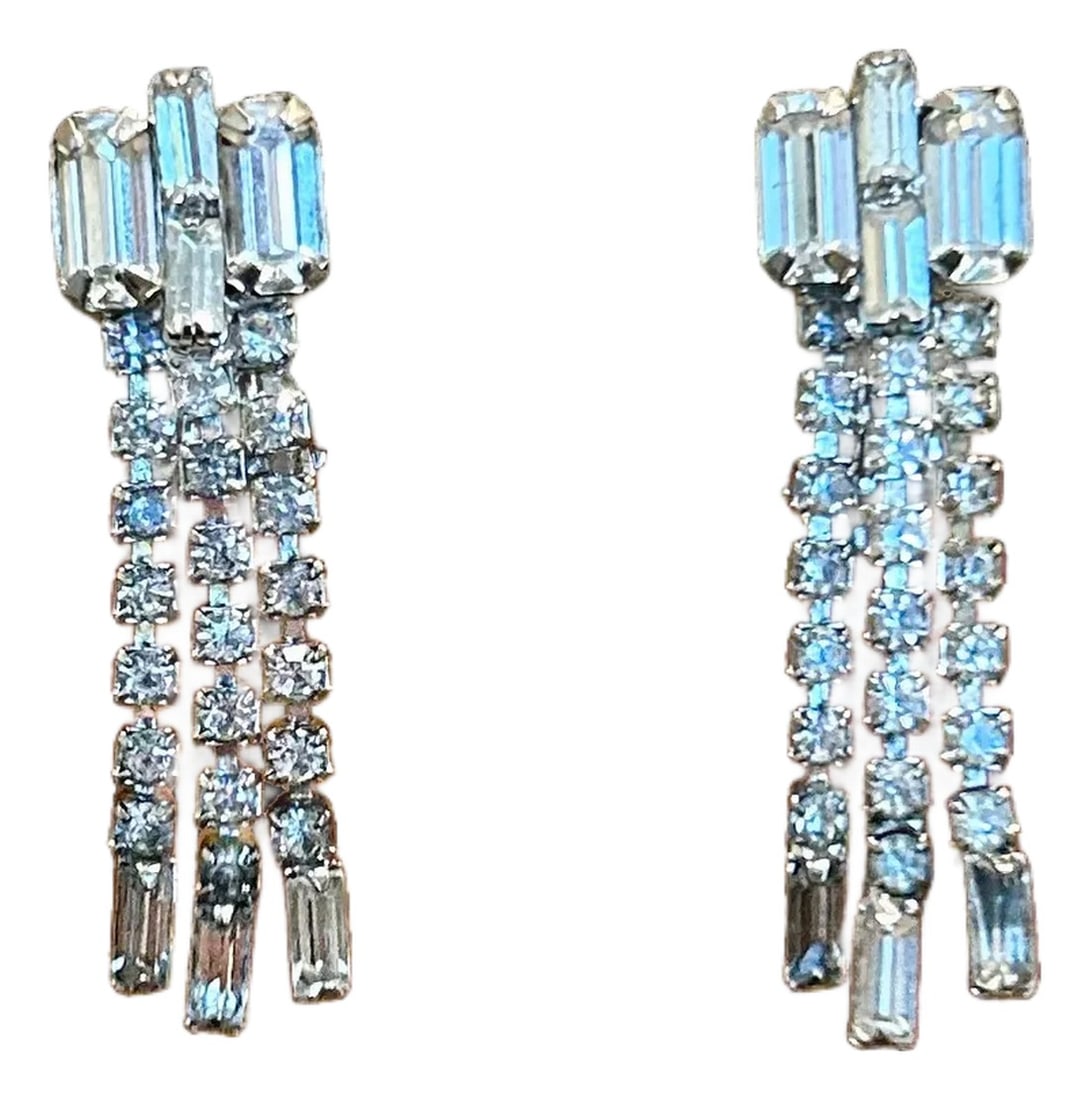 Vintage Weiss Rhinestone Dangle Clip Earrings | 1950s Silver-Tone Waterfall Design With Baguette & R: Vintage Weiss Rhinestone Dangle Clip Earrings | 1950s Silver-Tone Waterfall Design with Baguette & Round Crystals Elevate your collection with this stunning pair of vintage Weiss rhinestone dangle