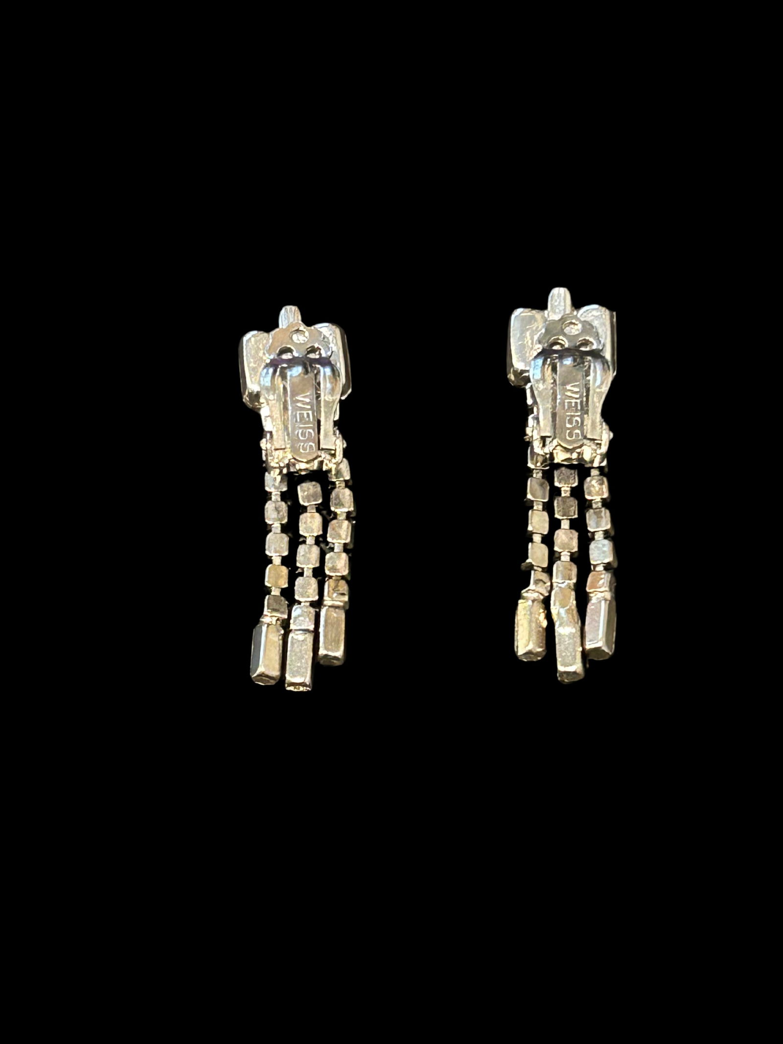 Vintage Weiss Rhinestone Dangle Clip Earrings | 1950s Silver-Tone Waterfall Design With Baguette & R - 5