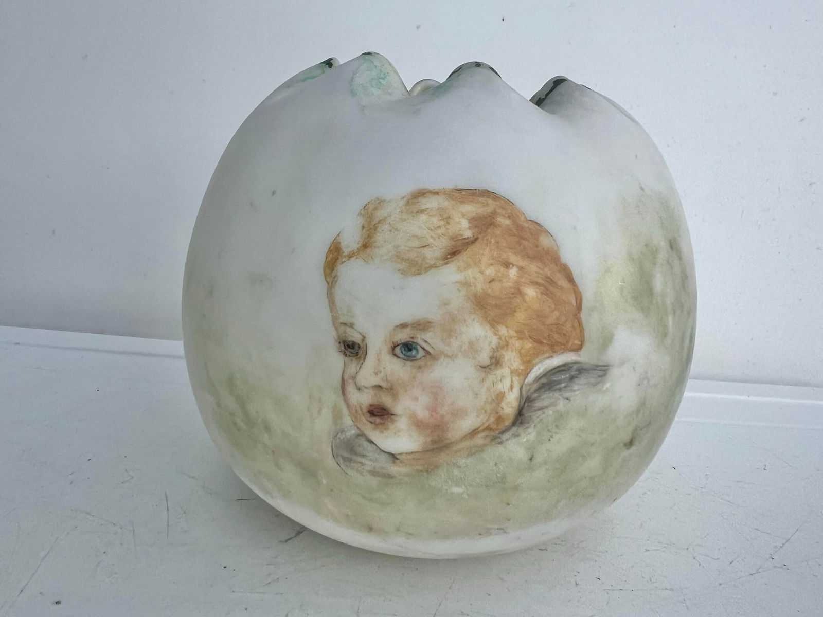 Victorian Pattern White Cased Satin Glass Ruffled Rose Bowl - 4