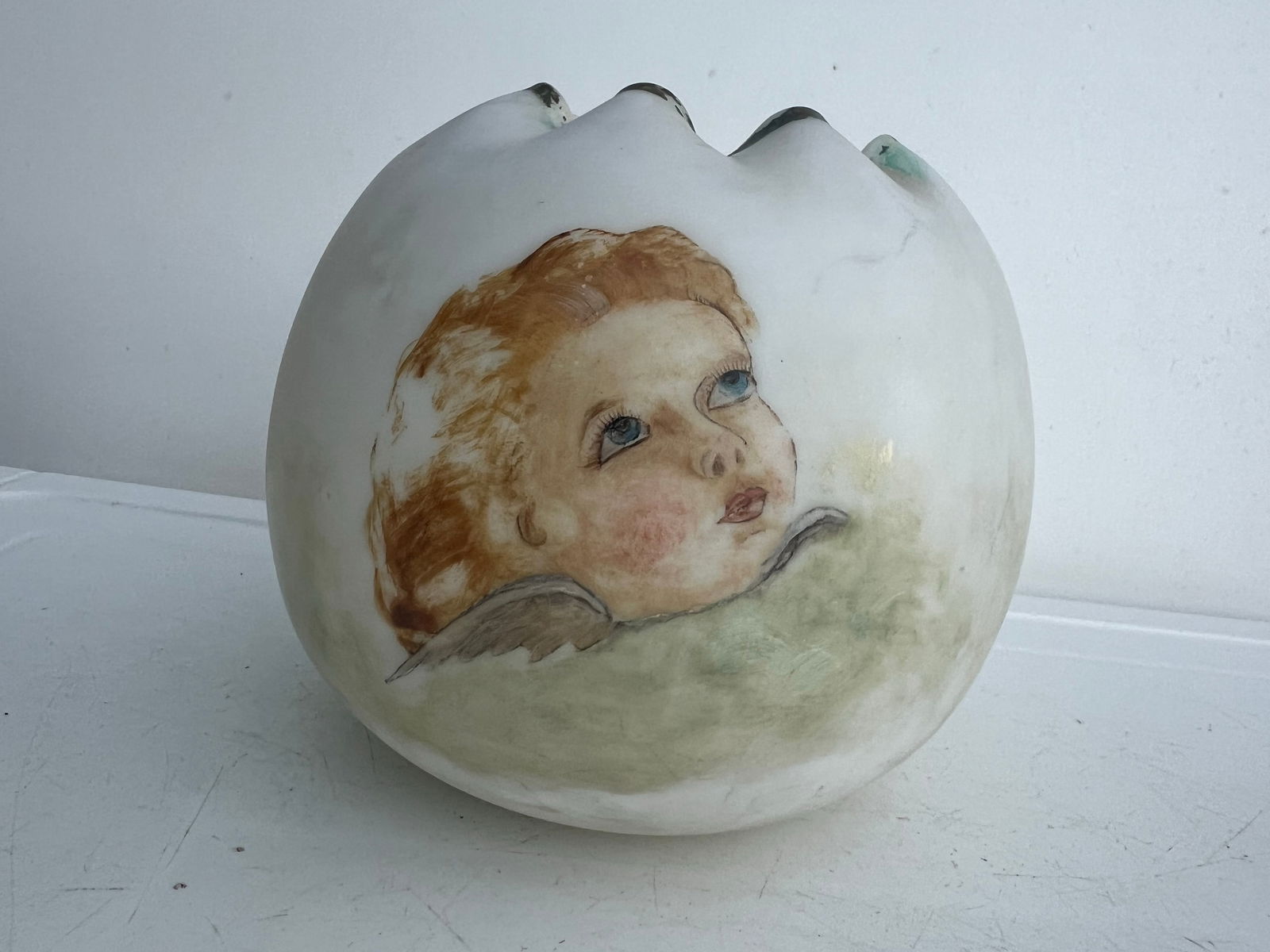 Victorian Pattern White Cased Satin Glass Ruffled Rose Bowl - 6