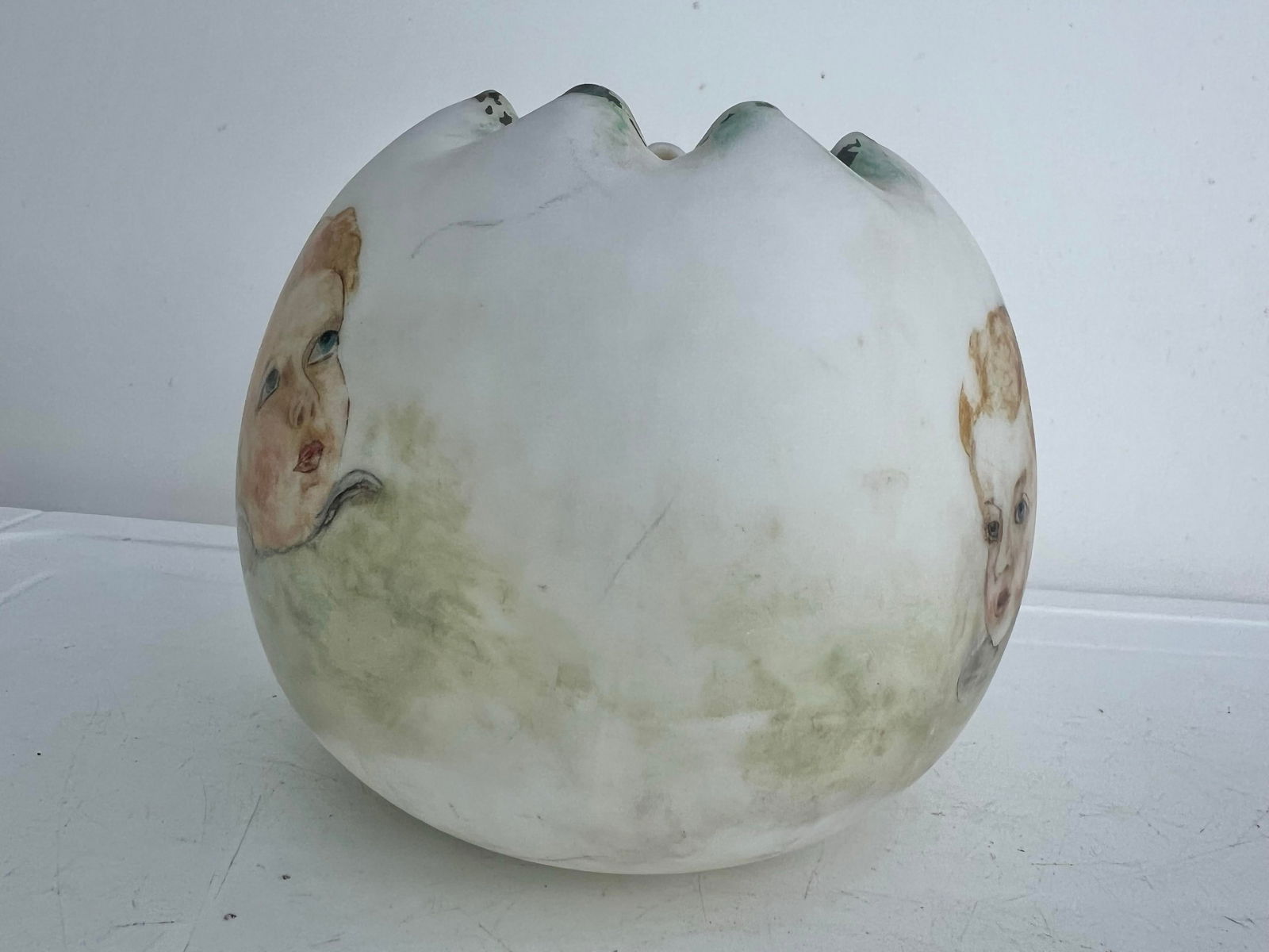 Victorian Pattern White Cased Satin Glass Ruffled Rose Bowl - 8