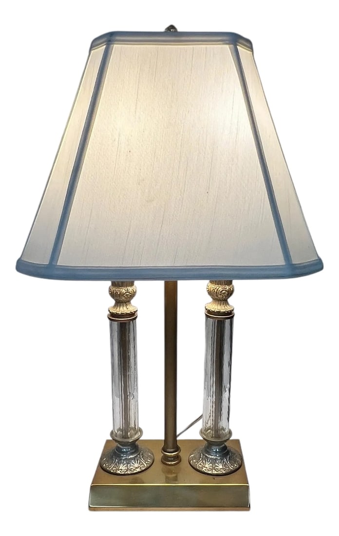 Vintage Brass and Blown Glass Bouillotte Style Lamp: Vintage Bouillotte style lamp Two had blown glass columns accentuate the style. A lovely piece that shows some wear, spots on shade, gilt fading. Most likely from the 1970s. Tested and found to be