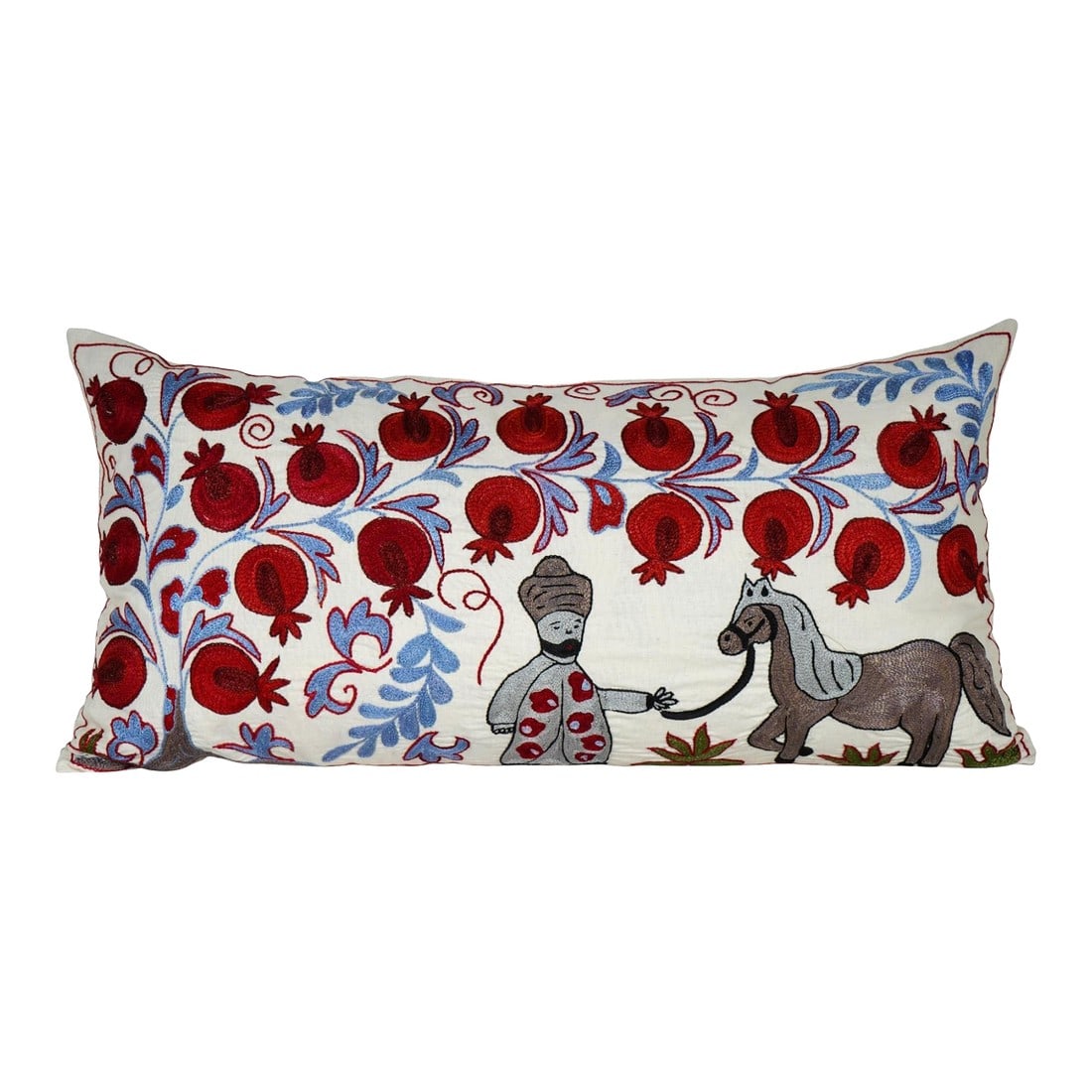 Red Pomegranate Suzani Lumbar Pillow Cover: Uzbek Suzani Pillow Cover Elevate your home decor with our Turkish Suzani Pillow Cover, featuring exquisite vintage Uzbek fabric that celebrates the allure of handmade craftsmanship. Each piece is a