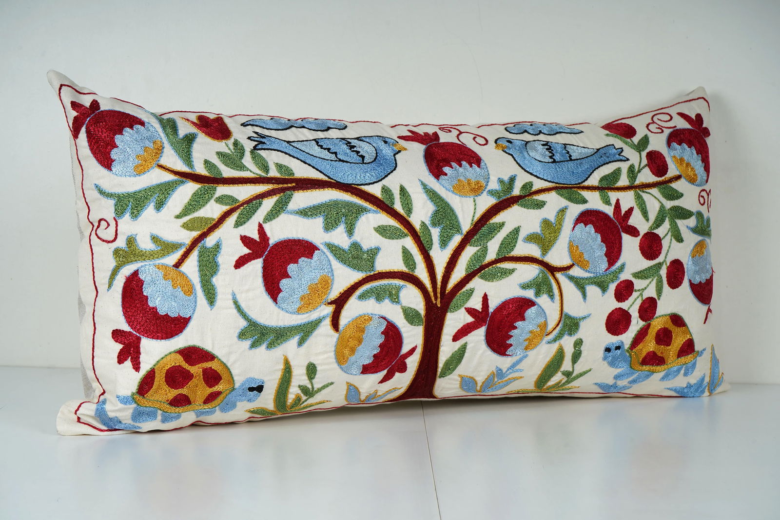 Tree of Life Suzani Pillow Cover, Uzbek Cotton, Vintage Handmade (16'' X 34'') - 3