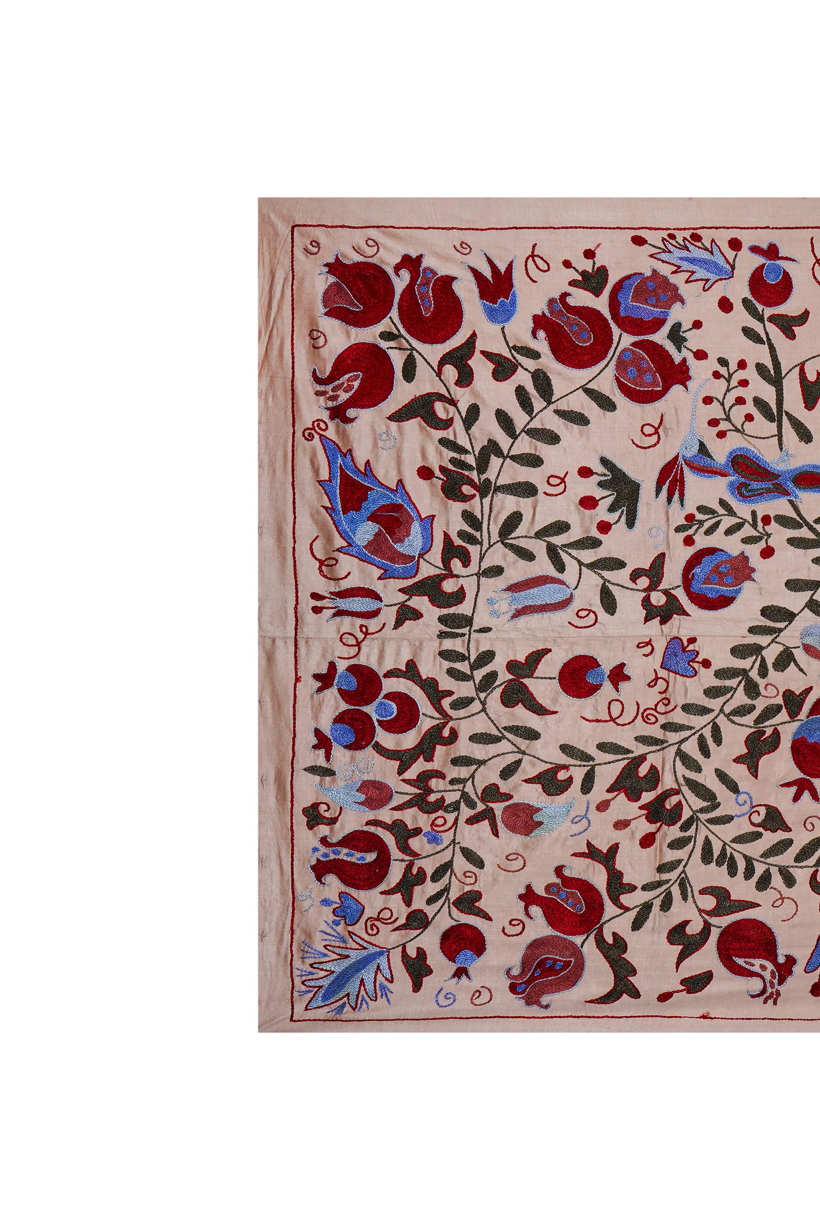 Beige Uzbek Suzani Wall Hanging "“ Tree of Life Pomegranate Embroidery Textile Art 3'5'' X - 3