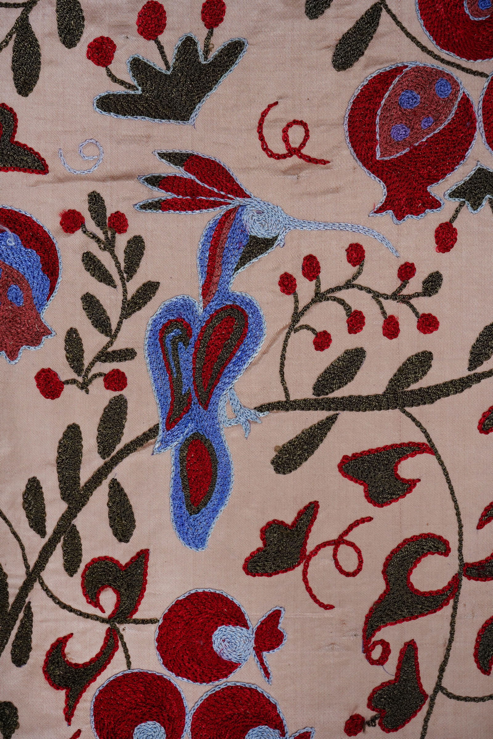 Beige Uzbek Suzani Wall Hanging "“ Tree of Life Pomegranate Embroidery Textile Art 3'5'' X - 5