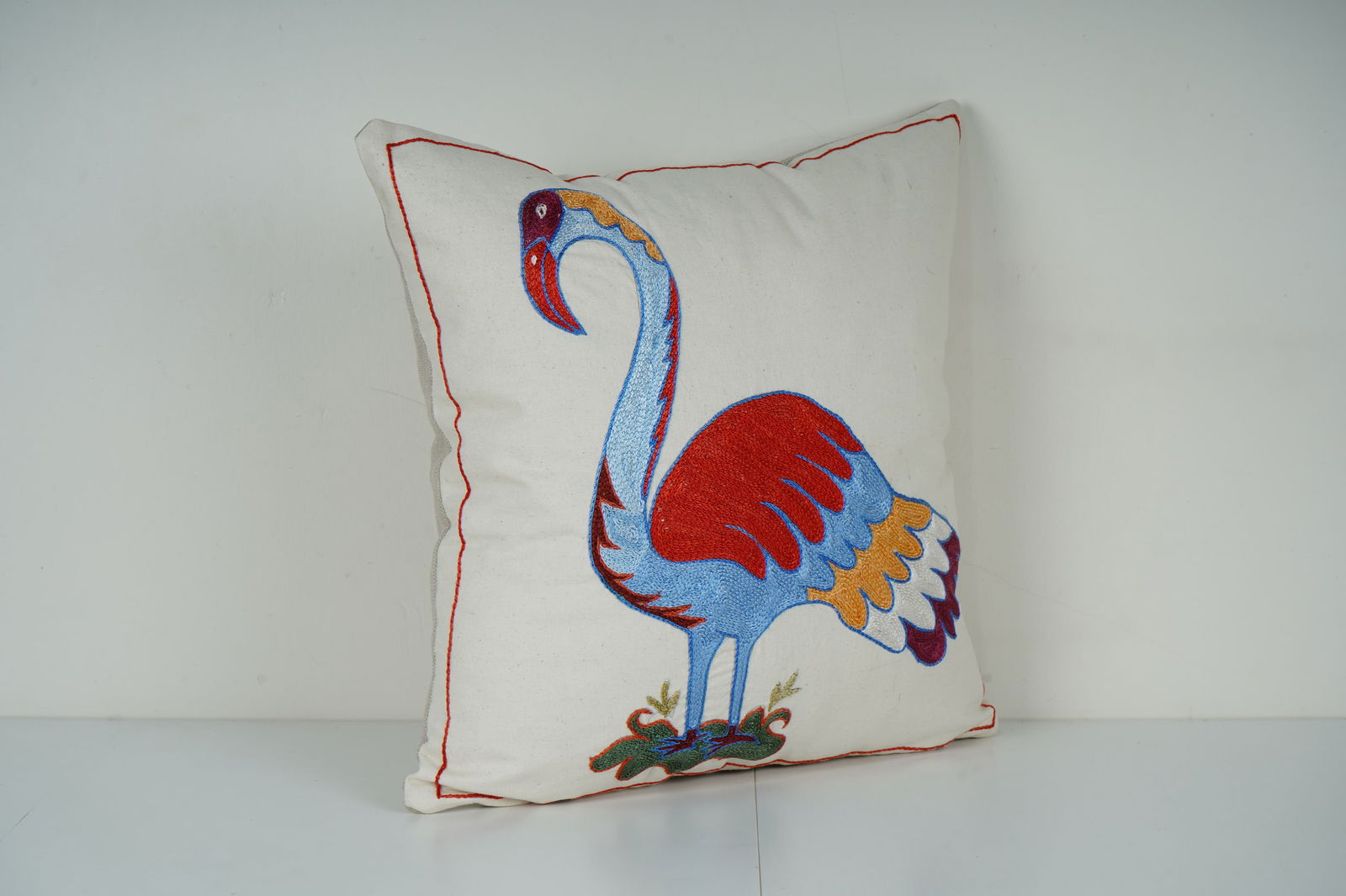 Embroidered Flamingo Suzani Pillow Cover "“ Turkish Boho Cushion 18''x 19'' - 2
