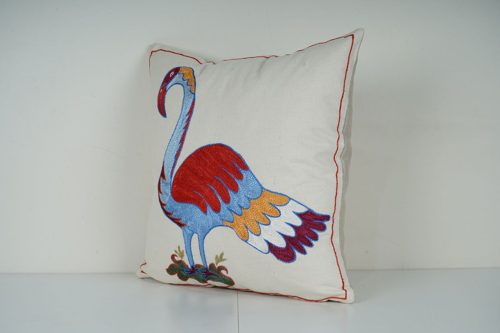 Embroidered Flamingo Suzani Pillow Cover "“ Turkish Boho Cushion 18''x 19'' - 3