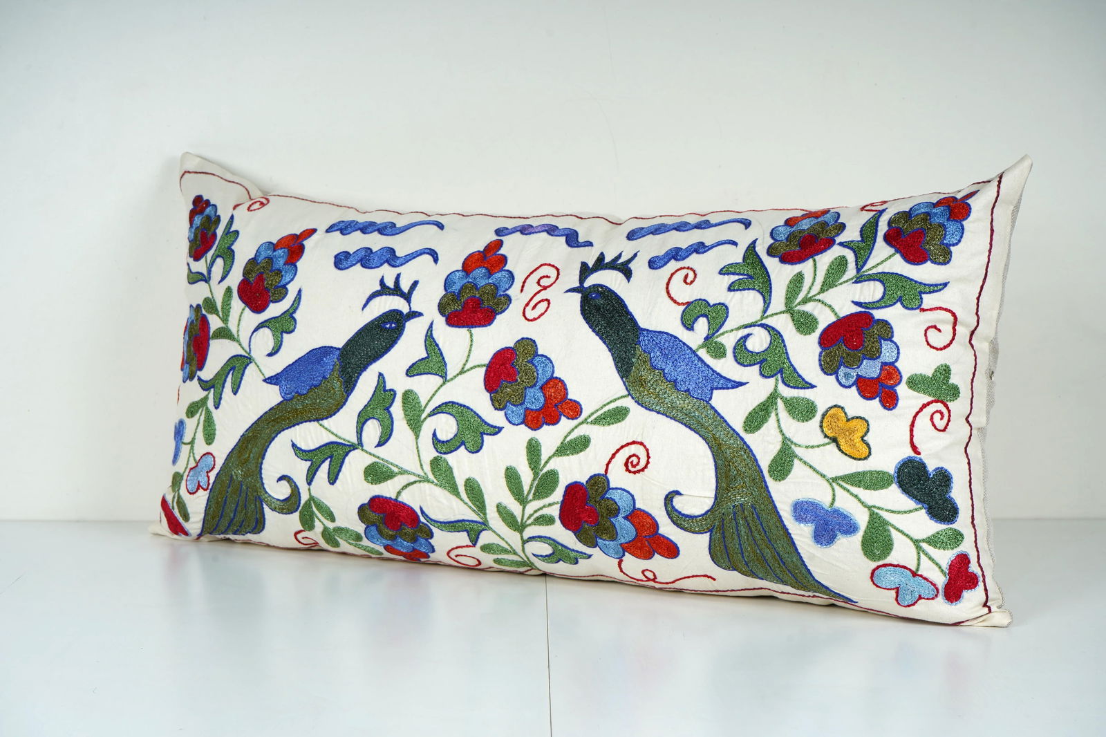 Uzbek Suzani Pillow Cover, Bird Embroidery Decor - 2