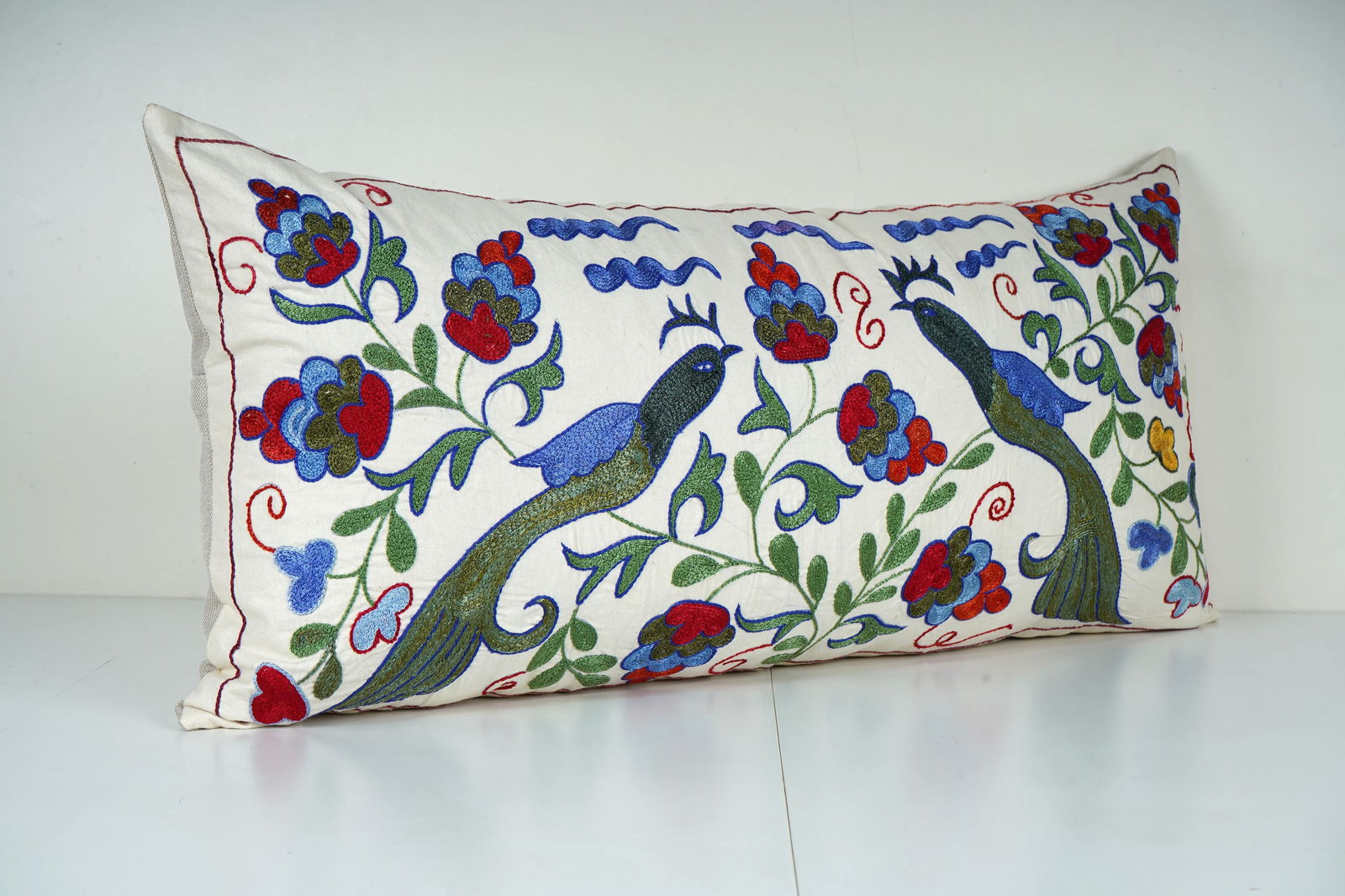 Uzbek Suzani Pillow Cover, Bird Embroidery Decor - 3