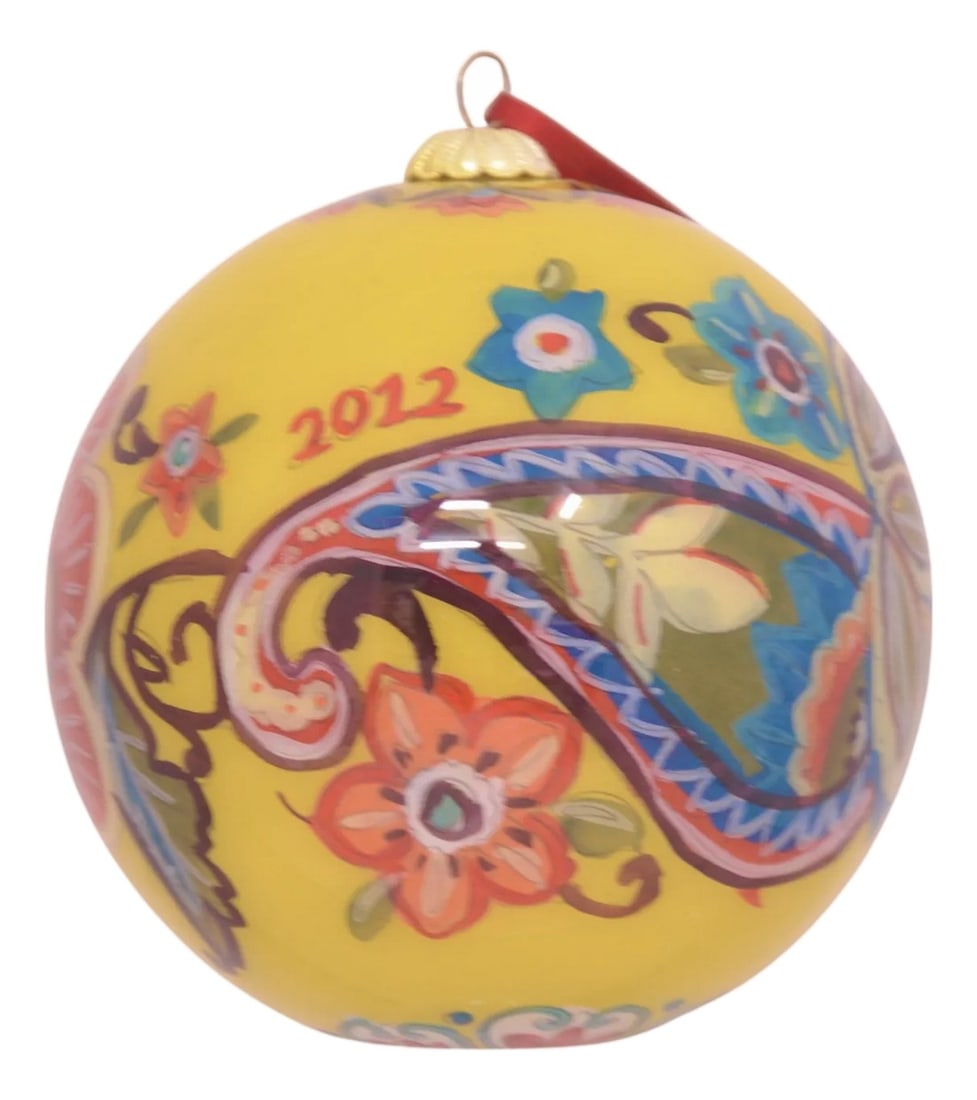 Vera Bradley Ornament: Large four inch vibrant hand painted glass sphere in vibrant yellow, green, red, orange and aqua teal designed by Vera Bradley, 2012 in original embroidered Vera Bradley pattern cloth covered