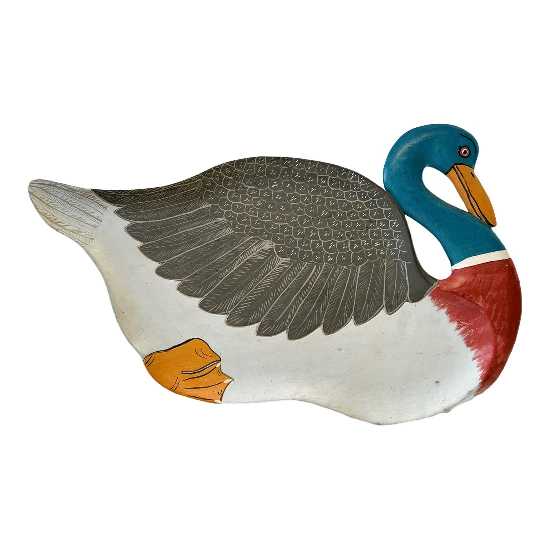 Late 20th Century Indonesian Folk Art Multicolor Hand-Painted Wood Duck Tray (1 of 6)