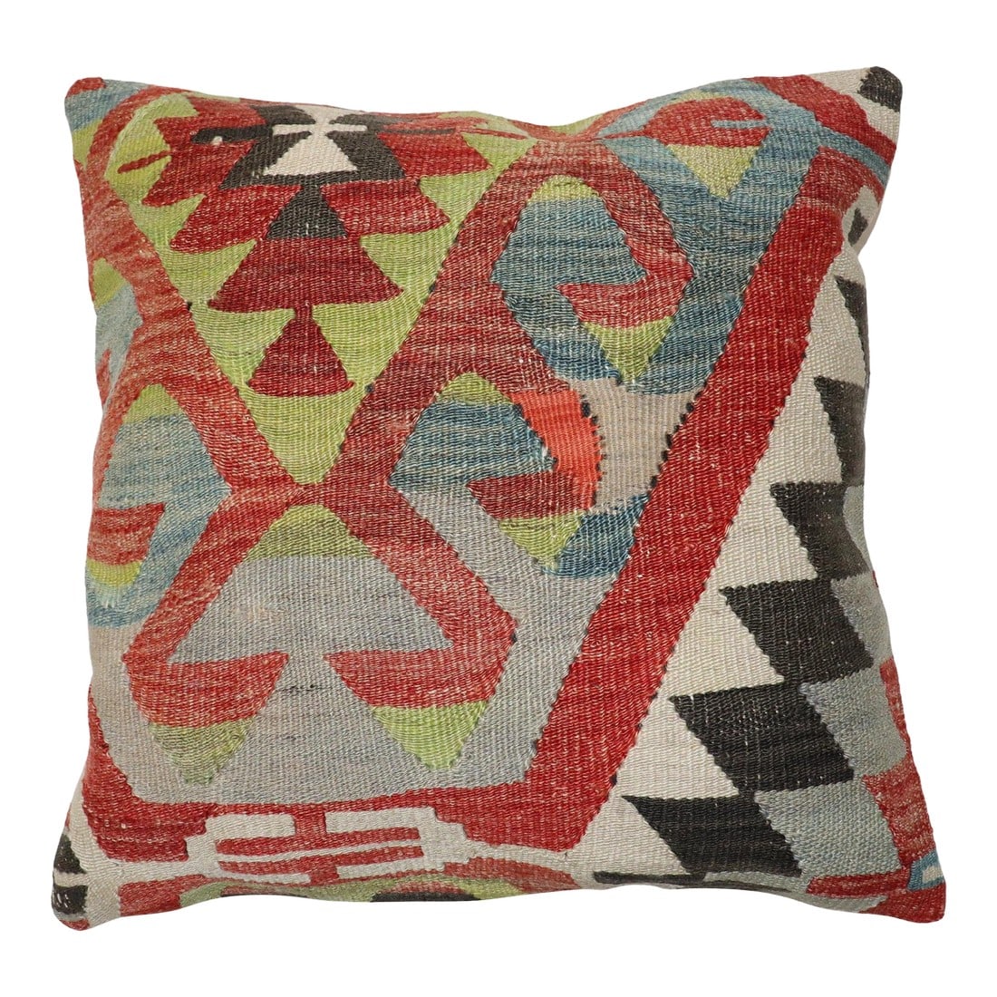Kilim Pillow: Pillow made from an antique Turkish Kilim flat-weave. Measures: 19" x 20". Condition: Alterations: Original Condition Unaltered Imperfections: Some Imperfections Condition Notes: Good Wear consistent