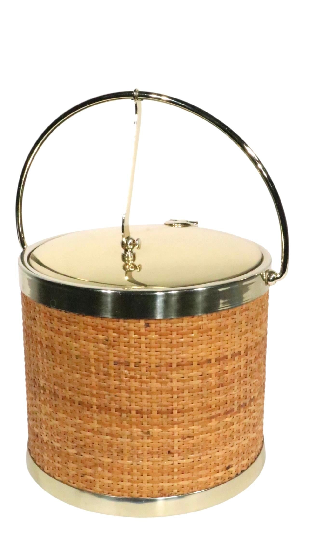 Mid Century Hollywood Regency Raffia Wrapped Brass Plated Ice Bucket by Kraftware New York C. 1970's - 2
