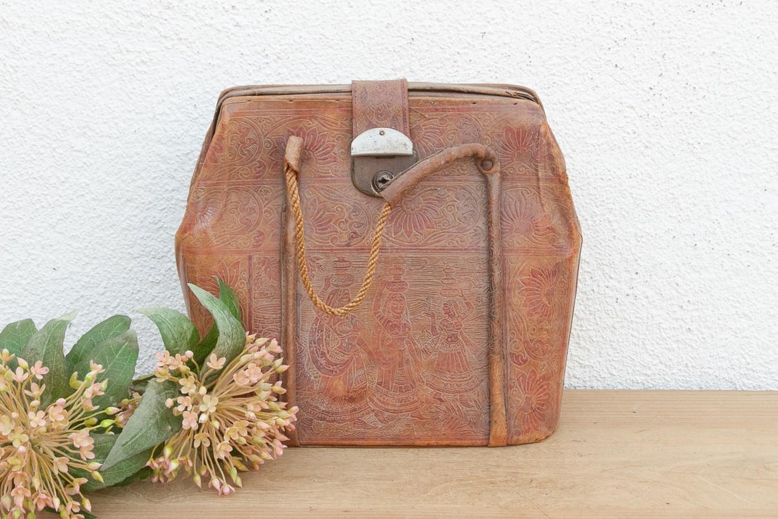 Vintage Indian Tooled Leather Satchel - 8